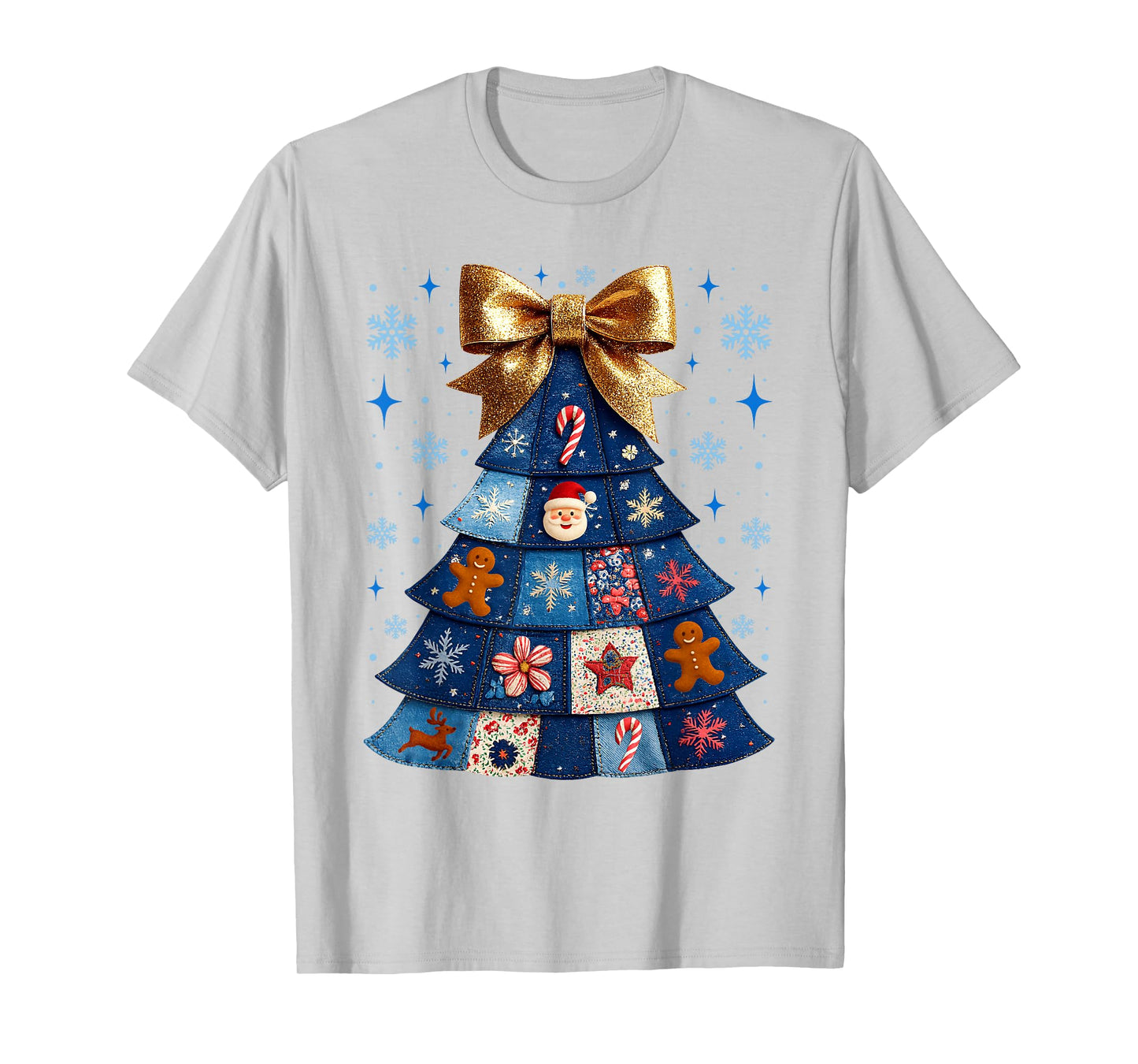 Denim Christmas Tree Quilt Patchwork Merry Christmas Fabric T-Shirt