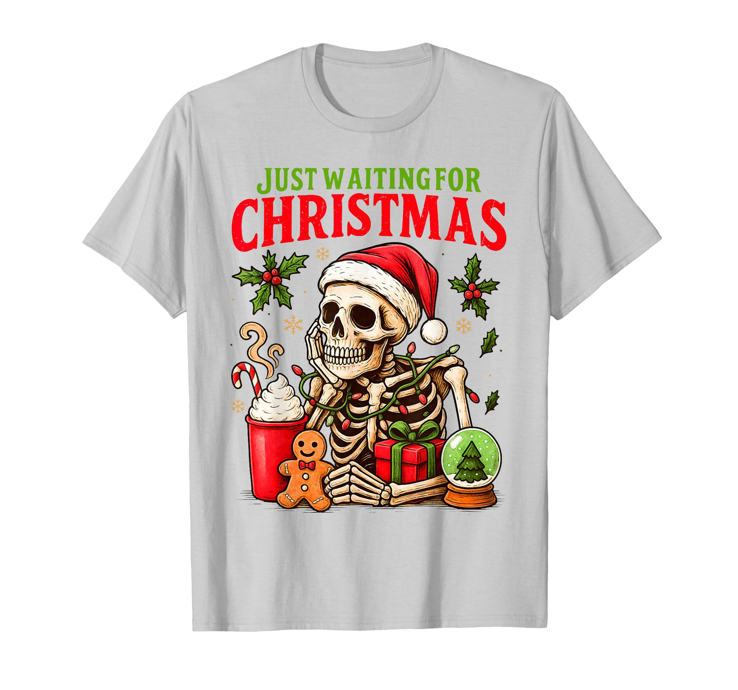 Just Waiting for Christmas Holiday Santa Claus Skeleton T-Shirt