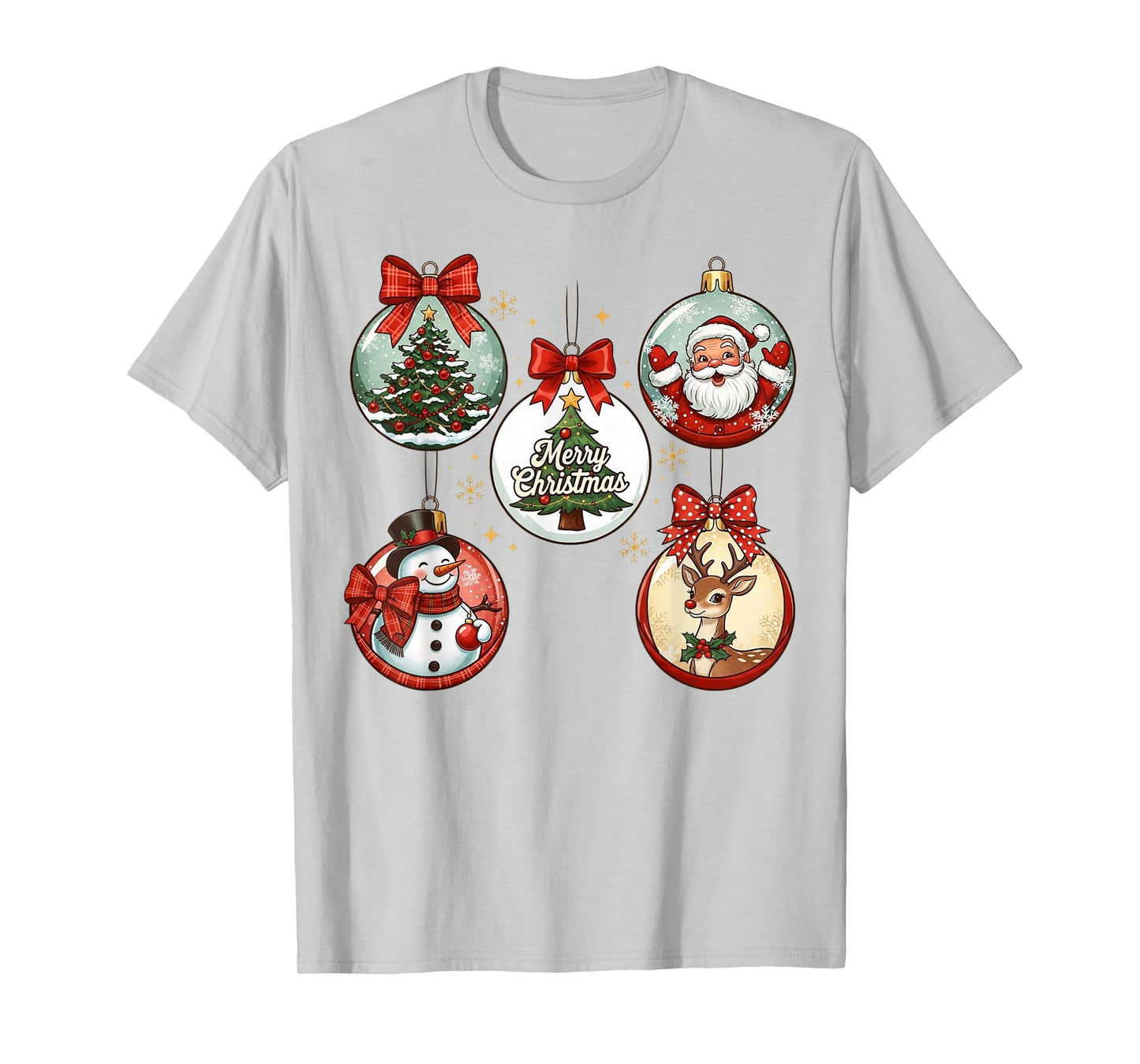 Santa Reindeer Snowman and Tree Merry Christmas Ornament T-Shirt