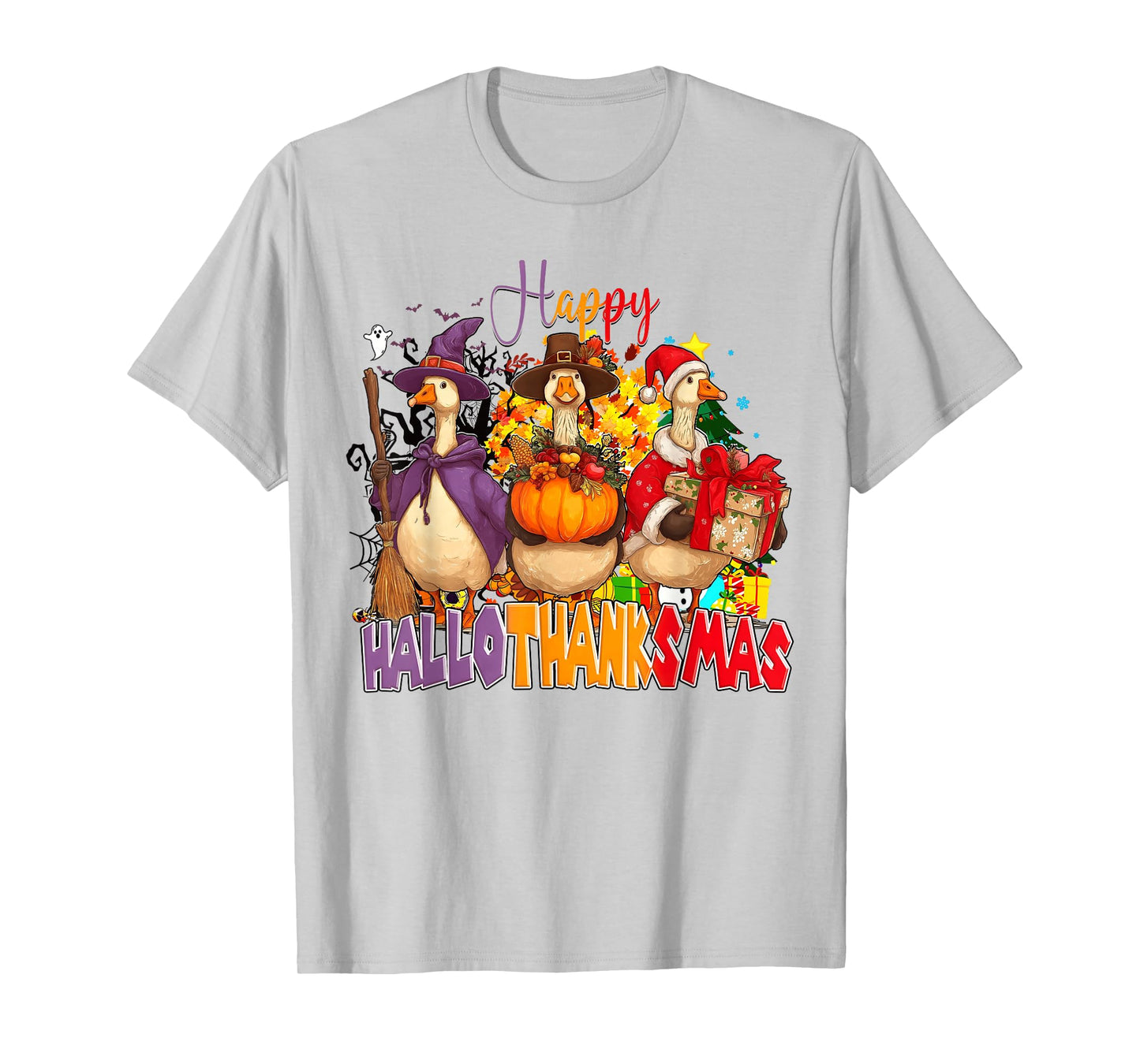 Happy Hallothanksmas Goose Halloween Thanksgiving Christmas T-Shirt