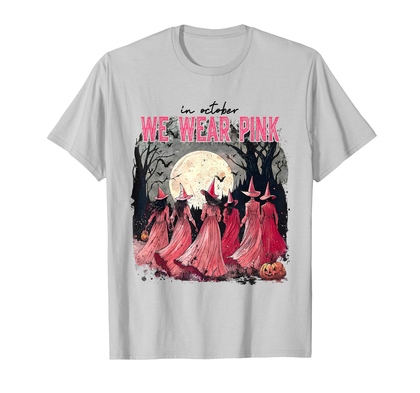 in October We Wear Pink Halloween Salem Witch Breast Cancer T-Shirt