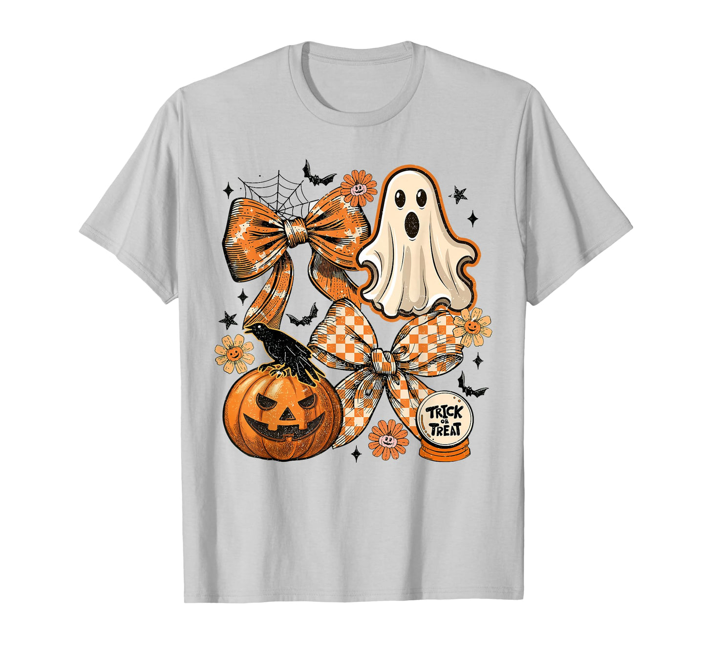 Vintage Halloween Ghost Coquette Bow Checkered Floral T-Shirt