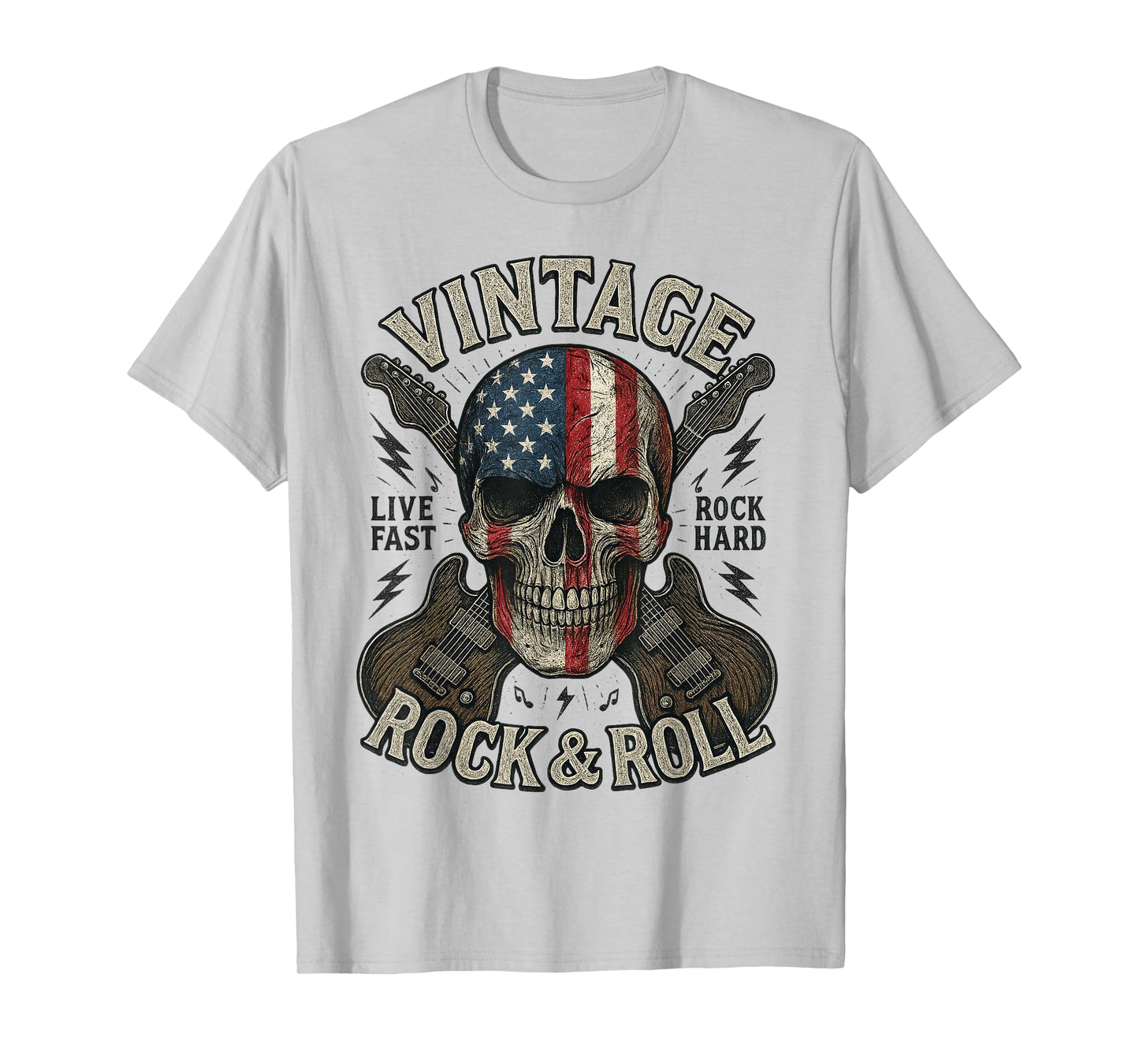 Vintage Rock Skull American Flag Guitar Retro Rock and Roll T-Shirt