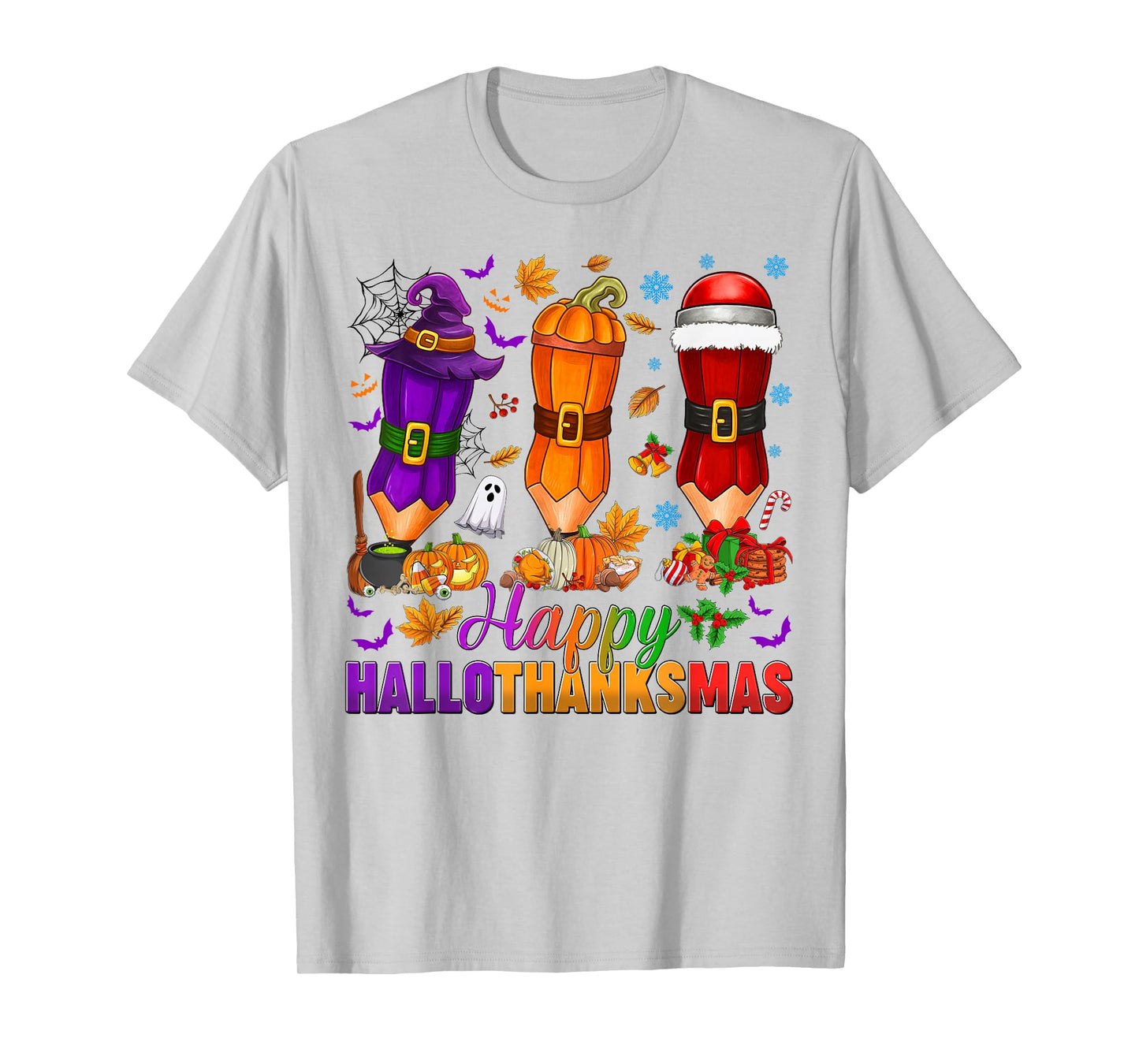 Happy Hallothanksmas Halloween Thanksgiving Pencils Teachers T-Shirt