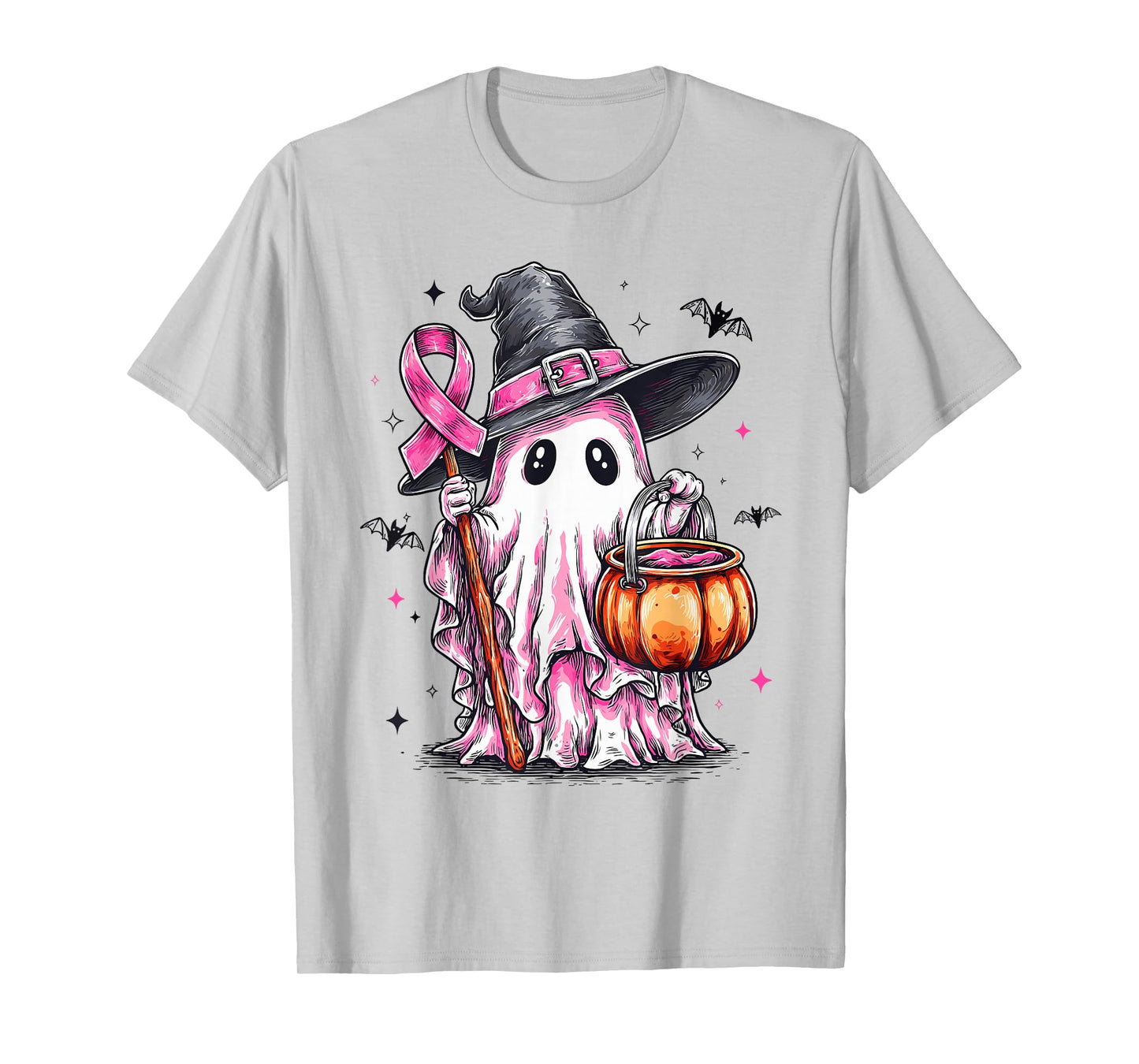 Retro Pink Ghost Witch Halloween Breast Cancer Awareness T-Shirt