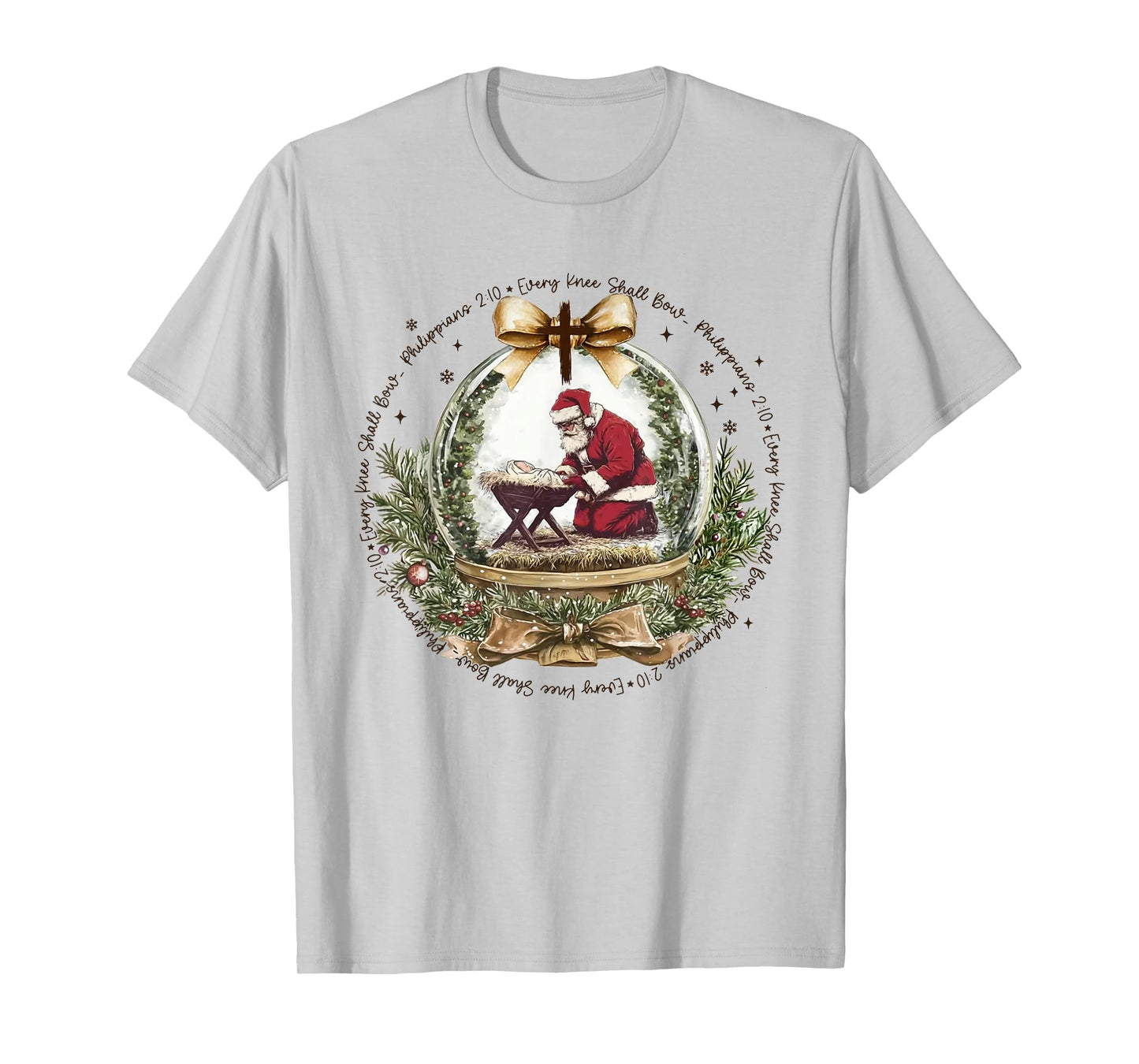Every Knee Shall Bow Funny Kneeling Santa Baby Jesus T-Shirt
