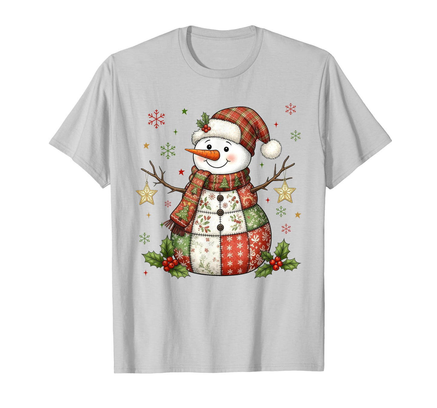 Cute Patchwork Snowman Merry Christmas Xmas Holiday Pajamas T-Shirt