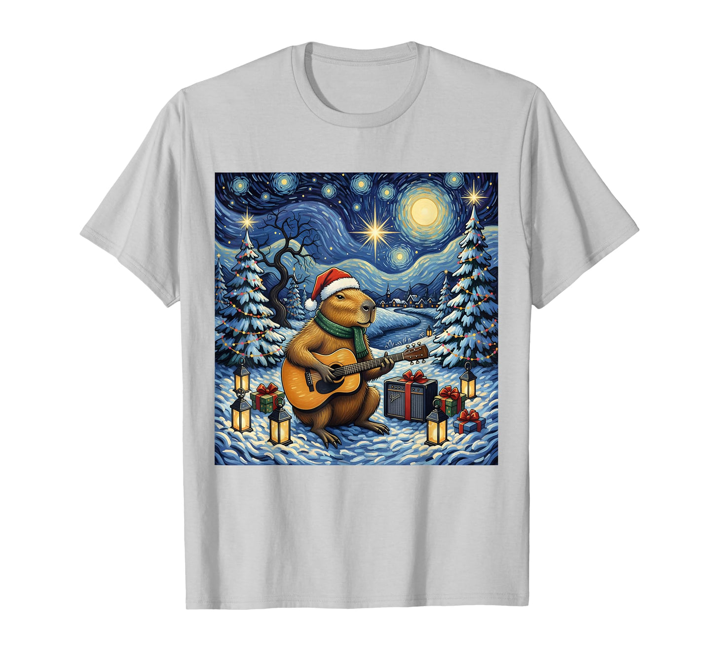 Capybara Playing The Guitar Van Gogh Style Christmas Themed T-Shirt