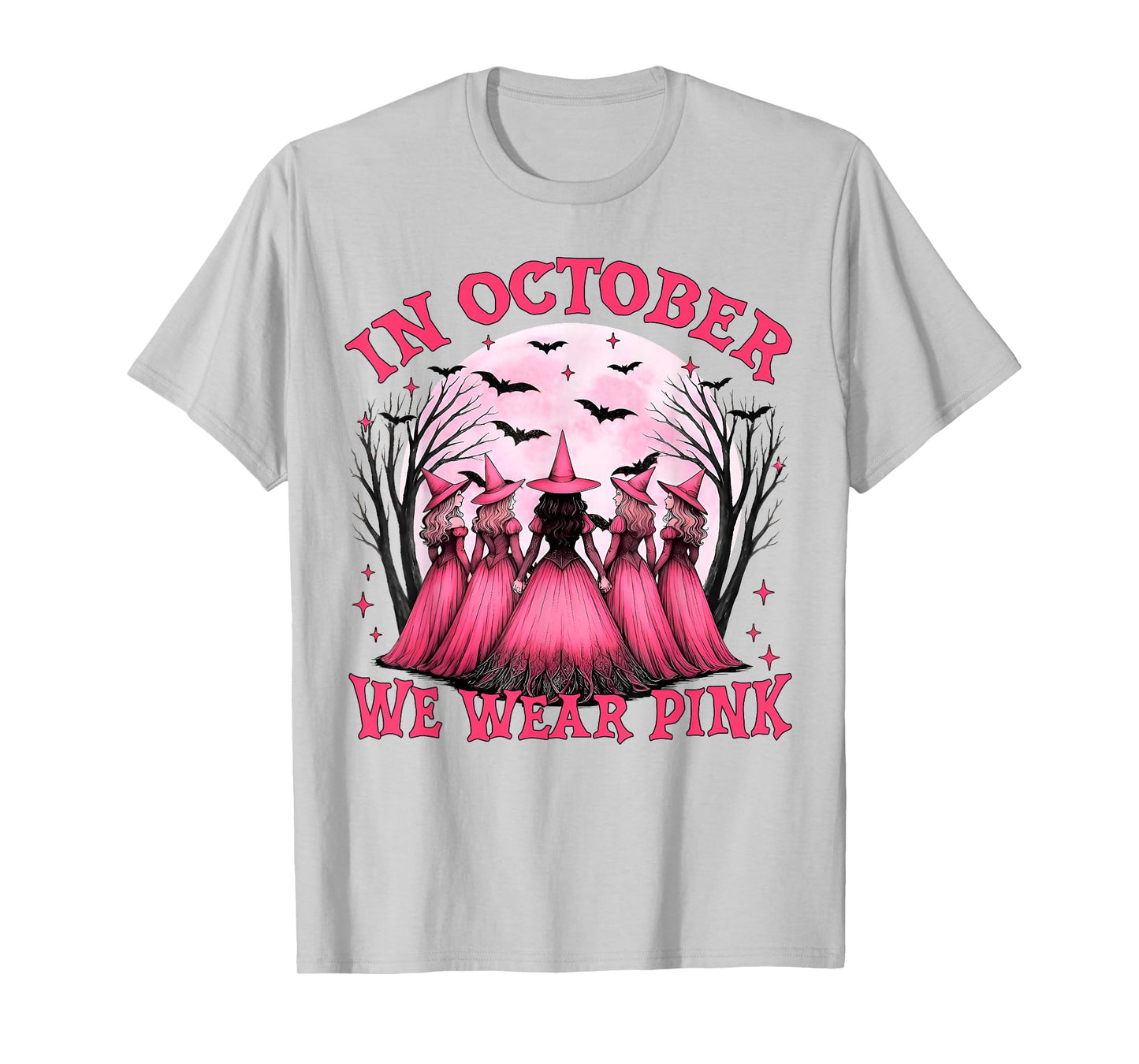 in October We Wear Pink Ribbon Breast Cancer Witch Halloween T-Shirt