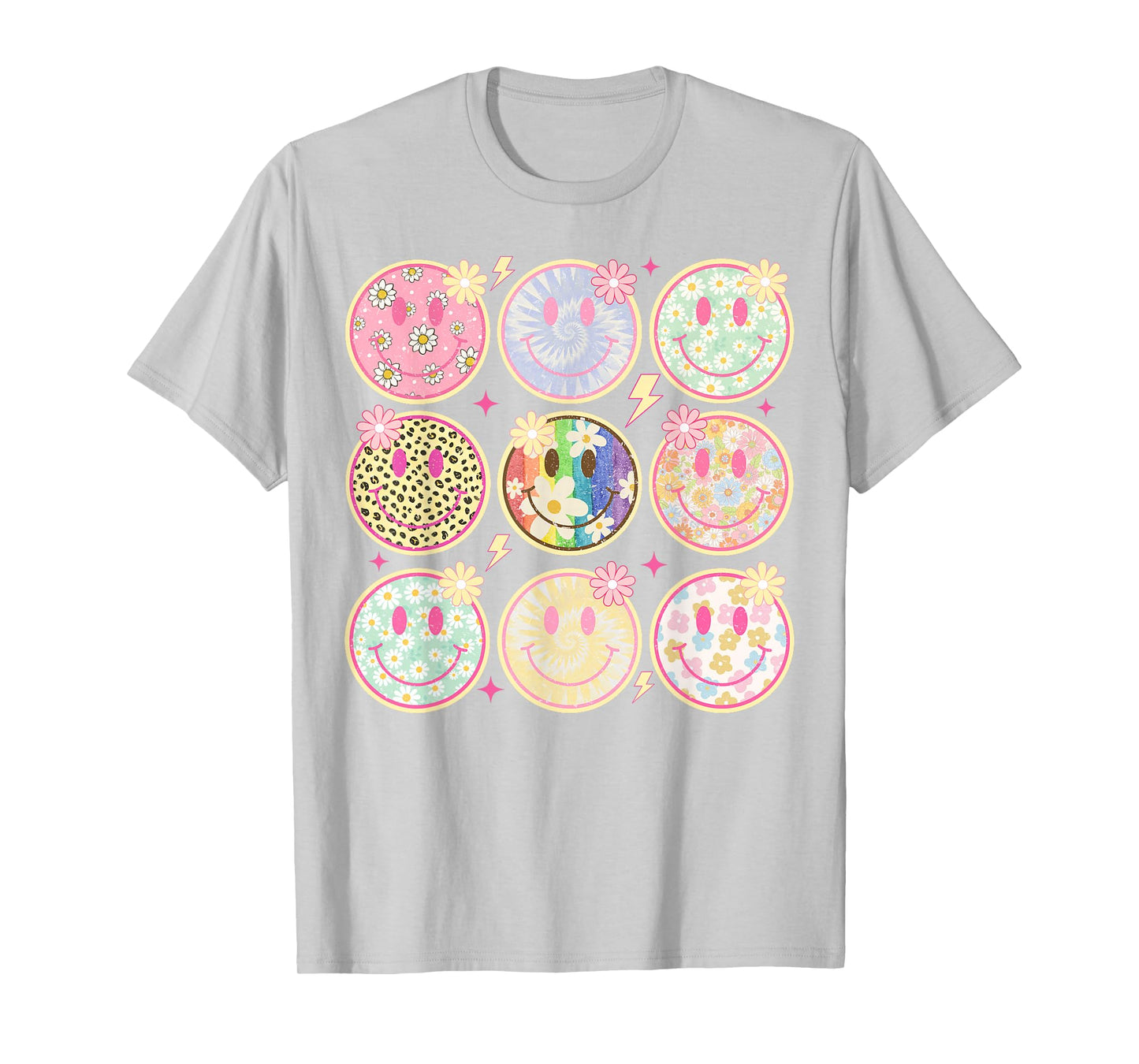 Retro Groovy Smile Face Flower Happy Face Checkered Pattern T-Shirt