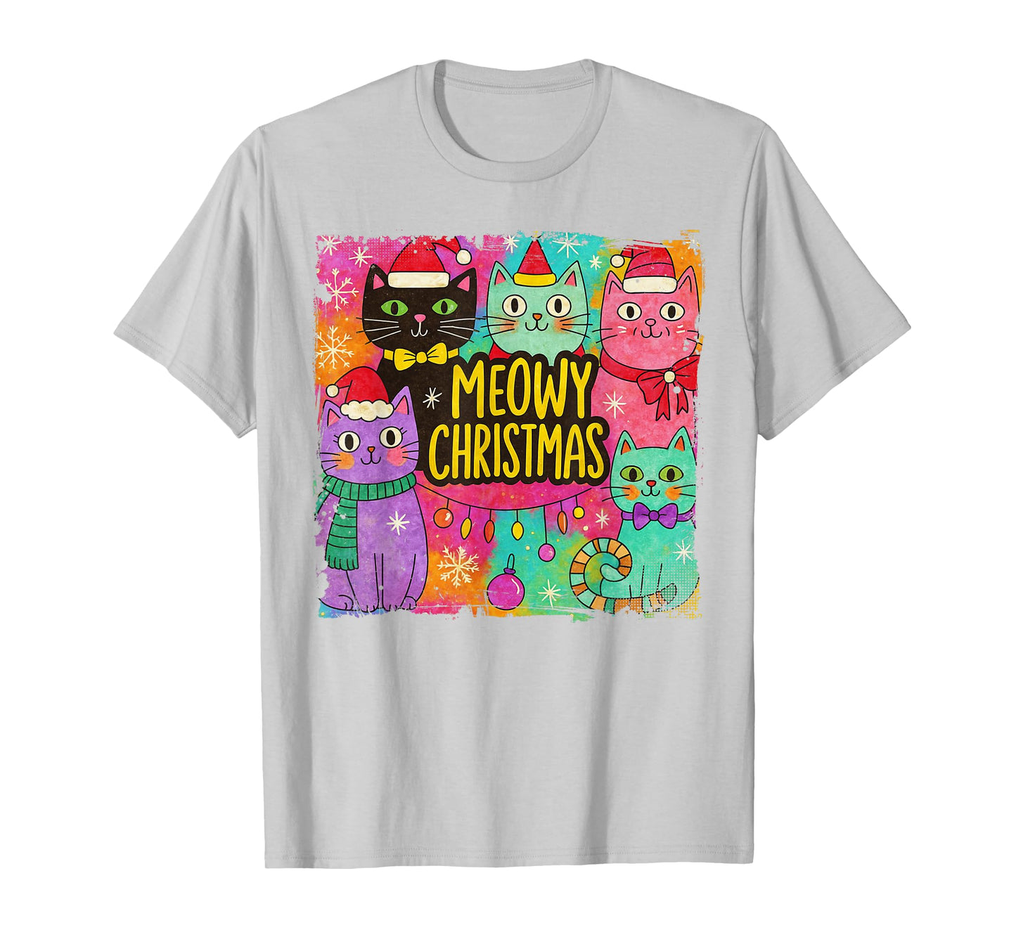Preppy Meowy Christmas Cat with Santa Hat Kittens Xmas Tree T-Shirt