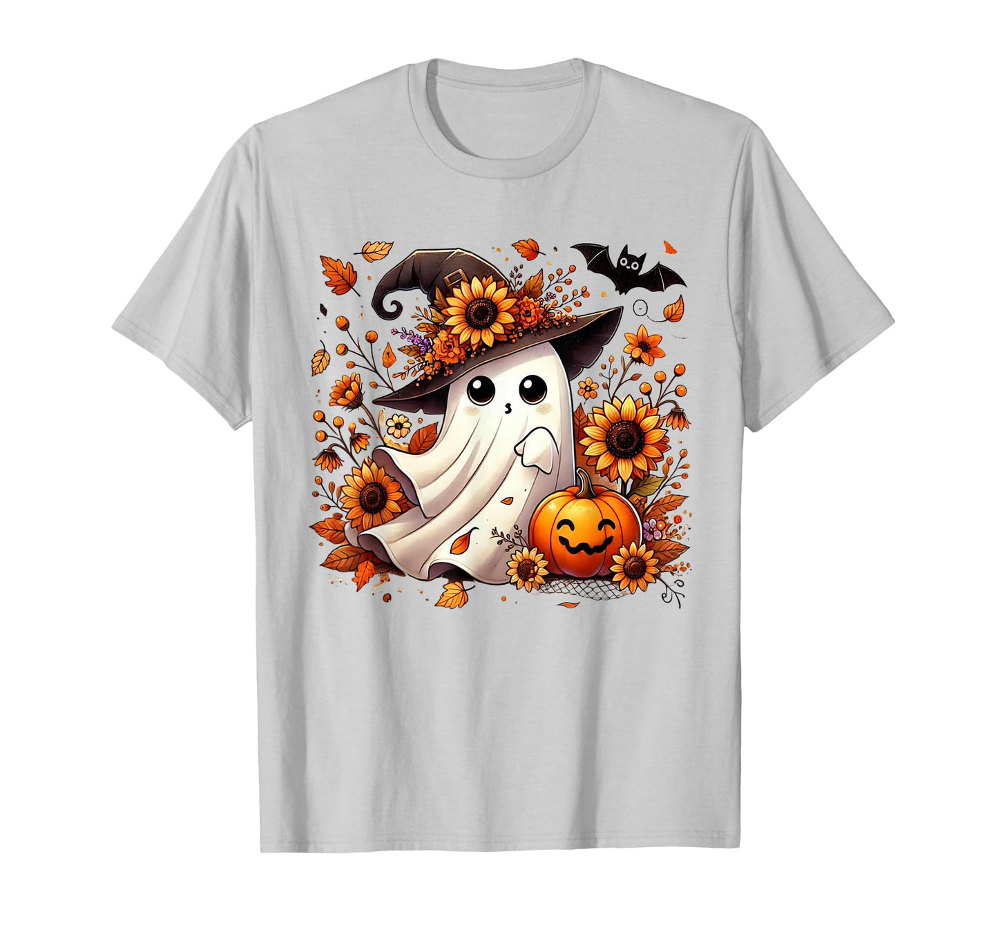 Cute Ghost with Sunflowers and Pumpkin Halloween T-Shirt
