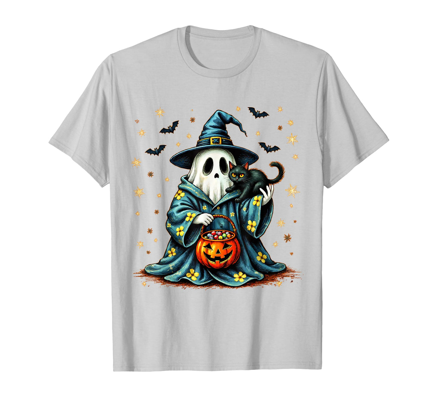 Halloween 2025 Ghost Holding Black Cat Groovy Floral Vintage T-Shirt