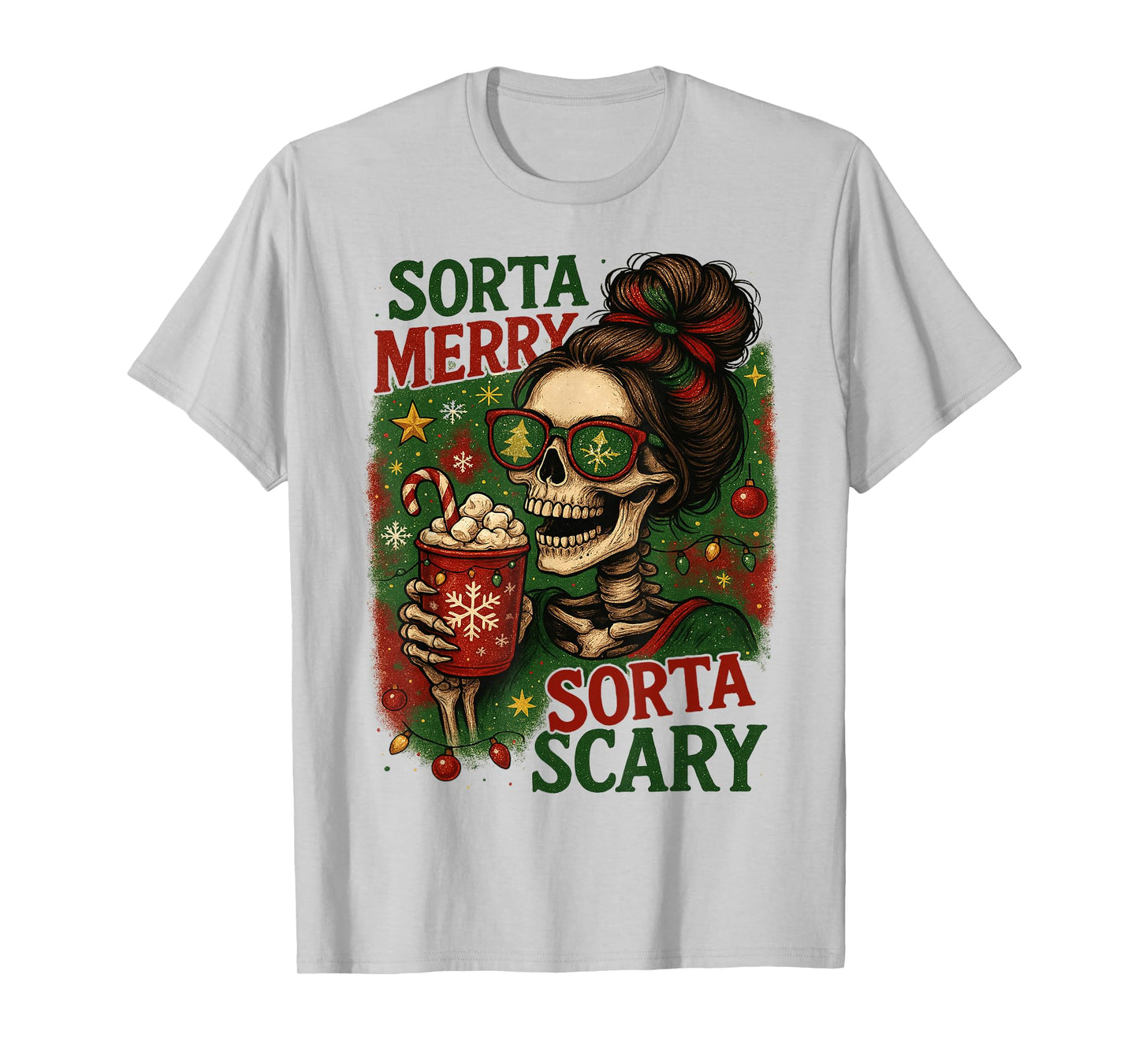 Women Sorta Merry Sorta Scary Skeleton Hot Cocoa Christmas T-Shirt