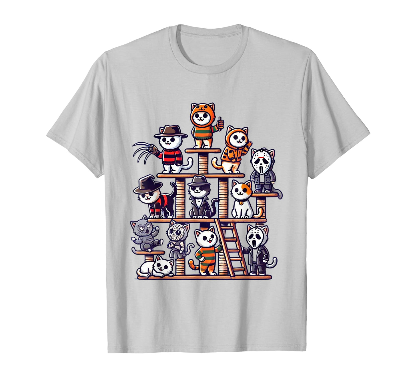 Funny Horror Movie Cats Playing On Cat Tree T-Shirt