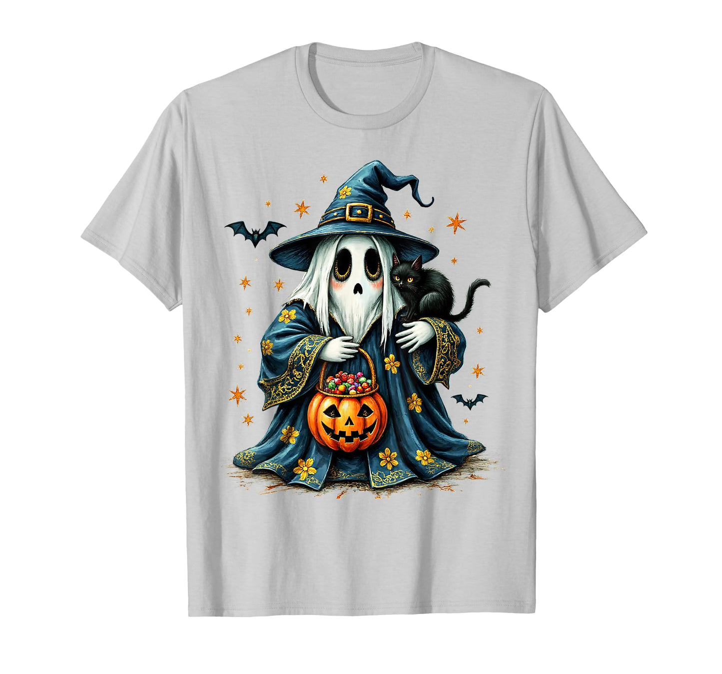 Ghost Holding Black Cat Lover Halloween 2025 Groovy Floral T-Shirt
