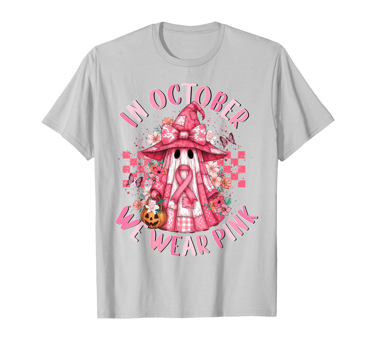 in October We Wear Pink Ghost Witch Breast Cancer Awareness T-Shirt