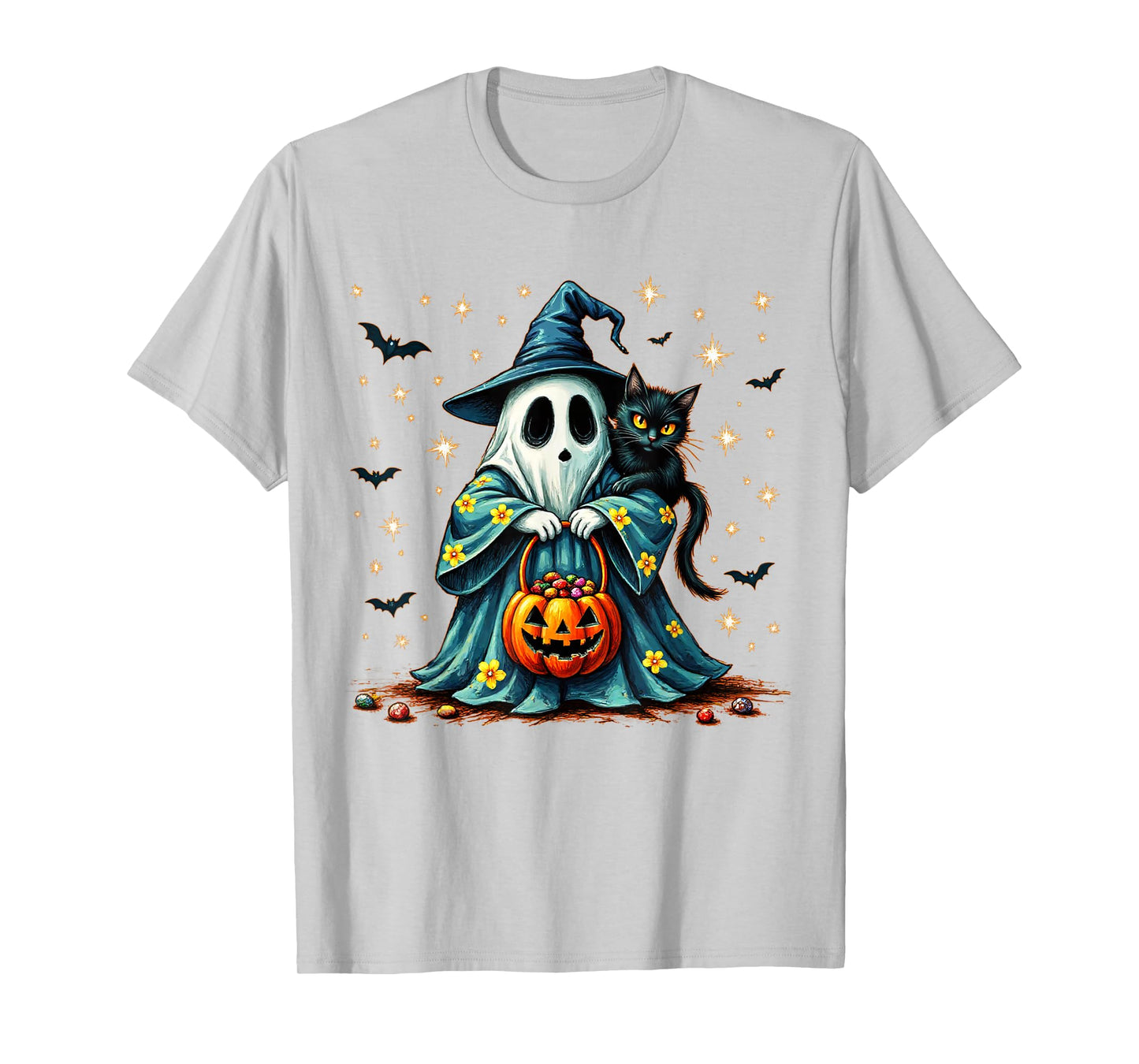 Halloween 2025 Ghost Holding Black Cat Groovy Floral Vintage T-Shirt