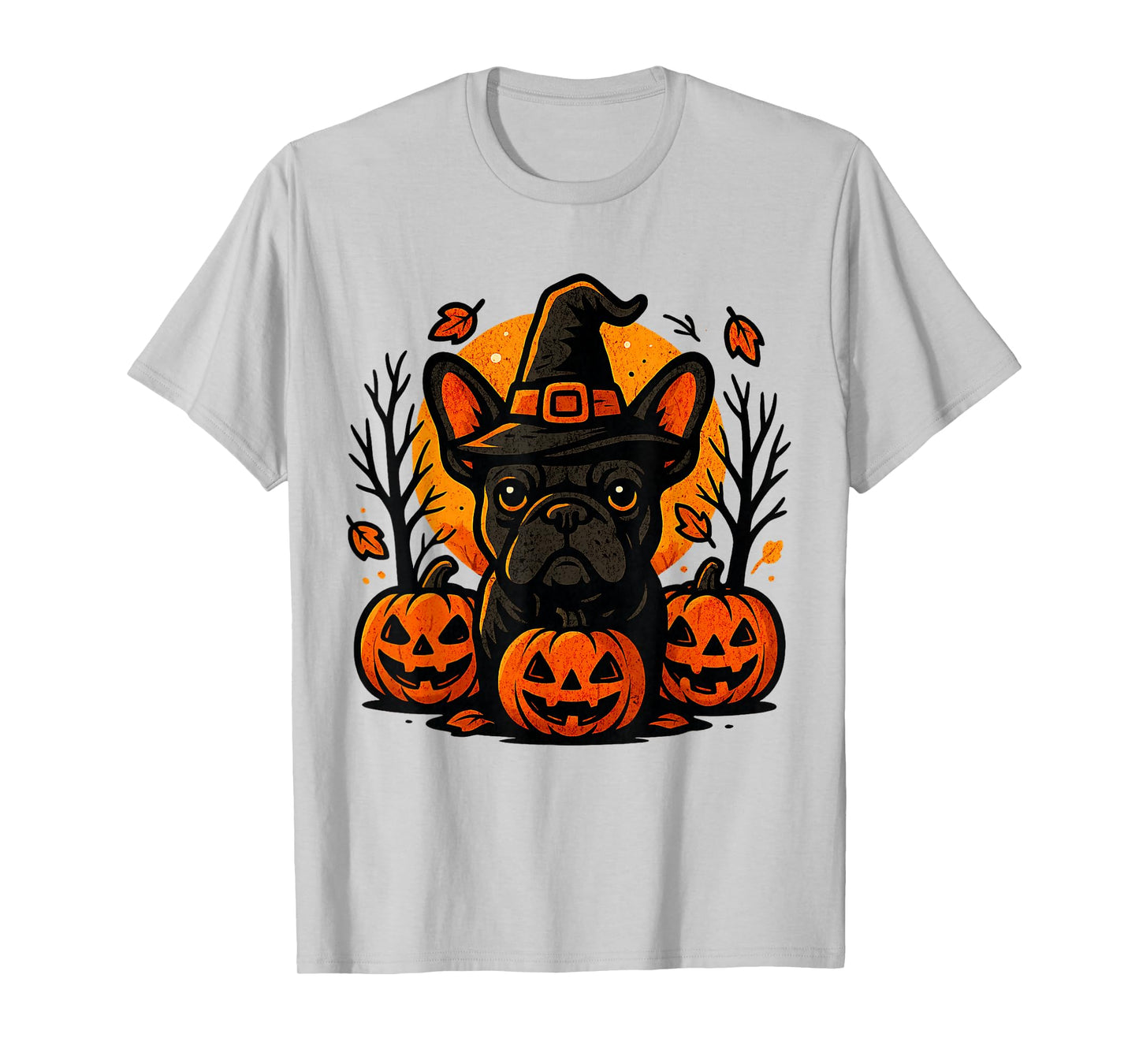 Halloween French Bulldog Witch Hat Pumpkins Autumn Leaves T-Shirt