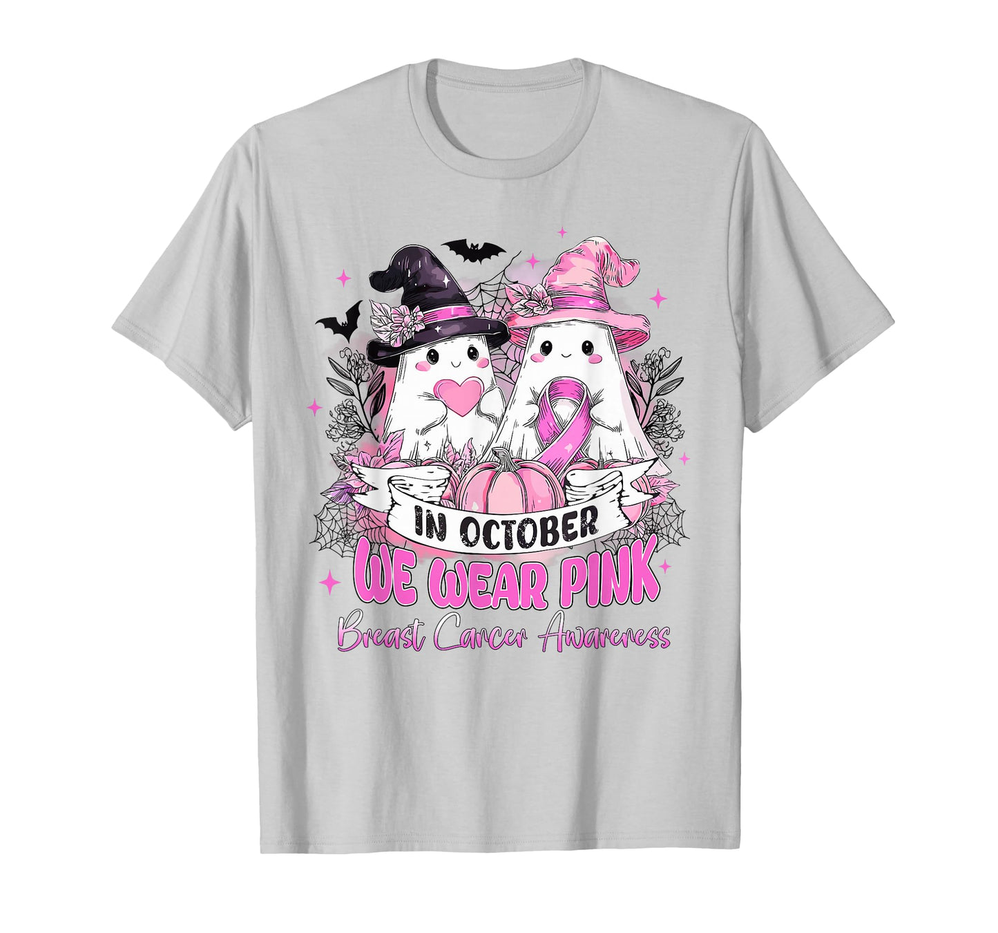 in October We Wear Pink Ghost Witch Breast Cancer Awareness T-Shirt