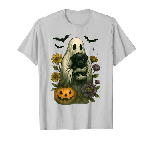 Floral Ghost Black Dog Coquette Funny Halloween Design T-Shirt