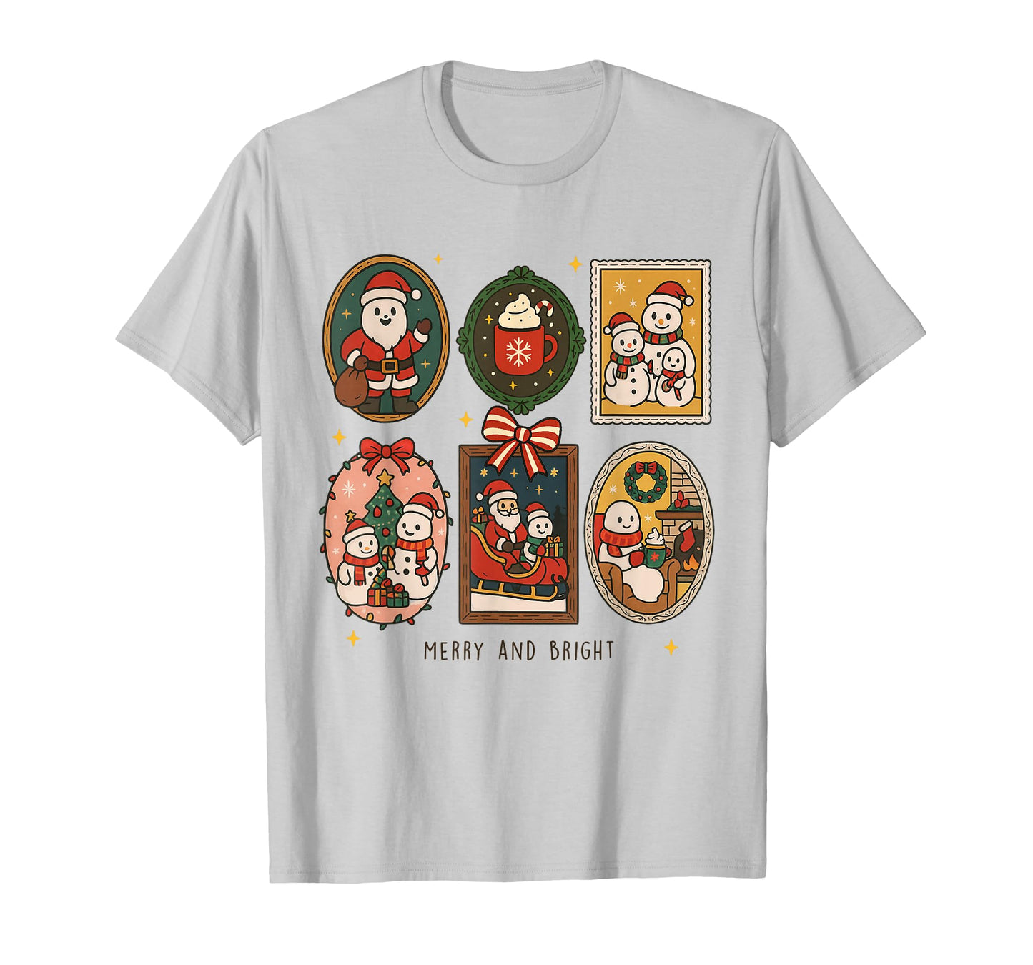 Retro Cute Merry and Bright Christmas Frame Funny Santa Xmas T-Shirt