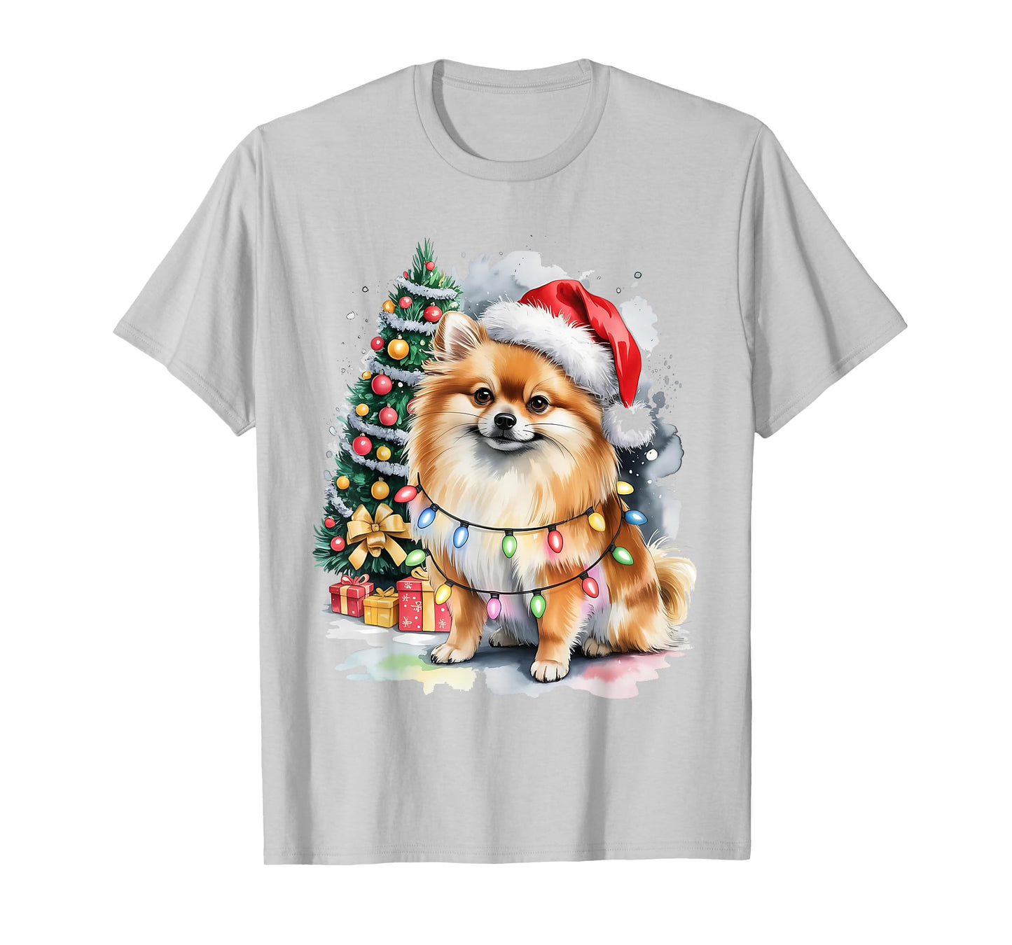 Funny Cute Santa Pomeranian Dog Tangled in Christmas Lights T-Shirt