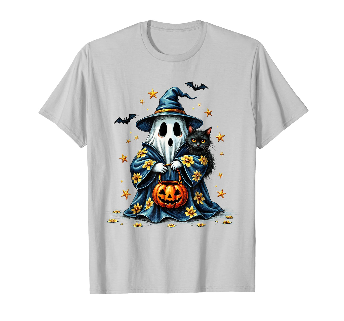 Ghost Holding Black Cat Lover Halloween 2025 Groovy Floral T-Shirt