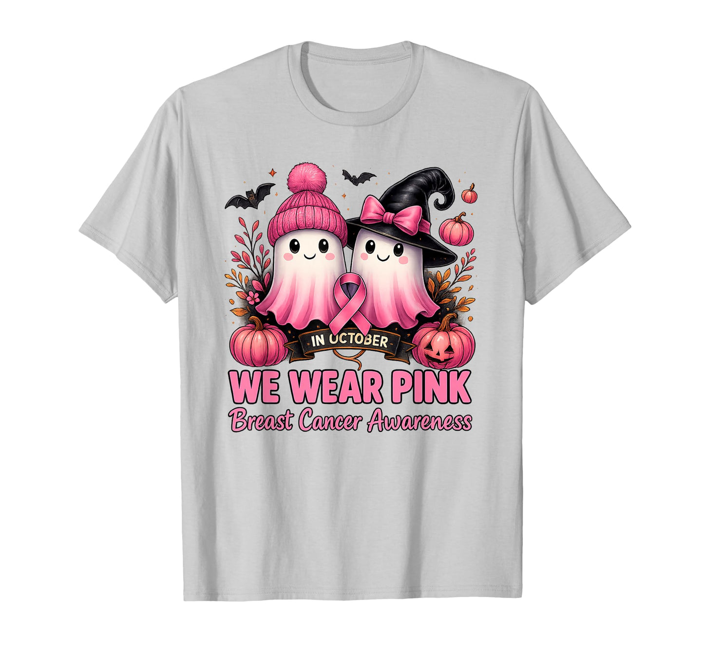 in October We Wear Pink Ghost Witch Breast Cancer Awareness T-Shirt