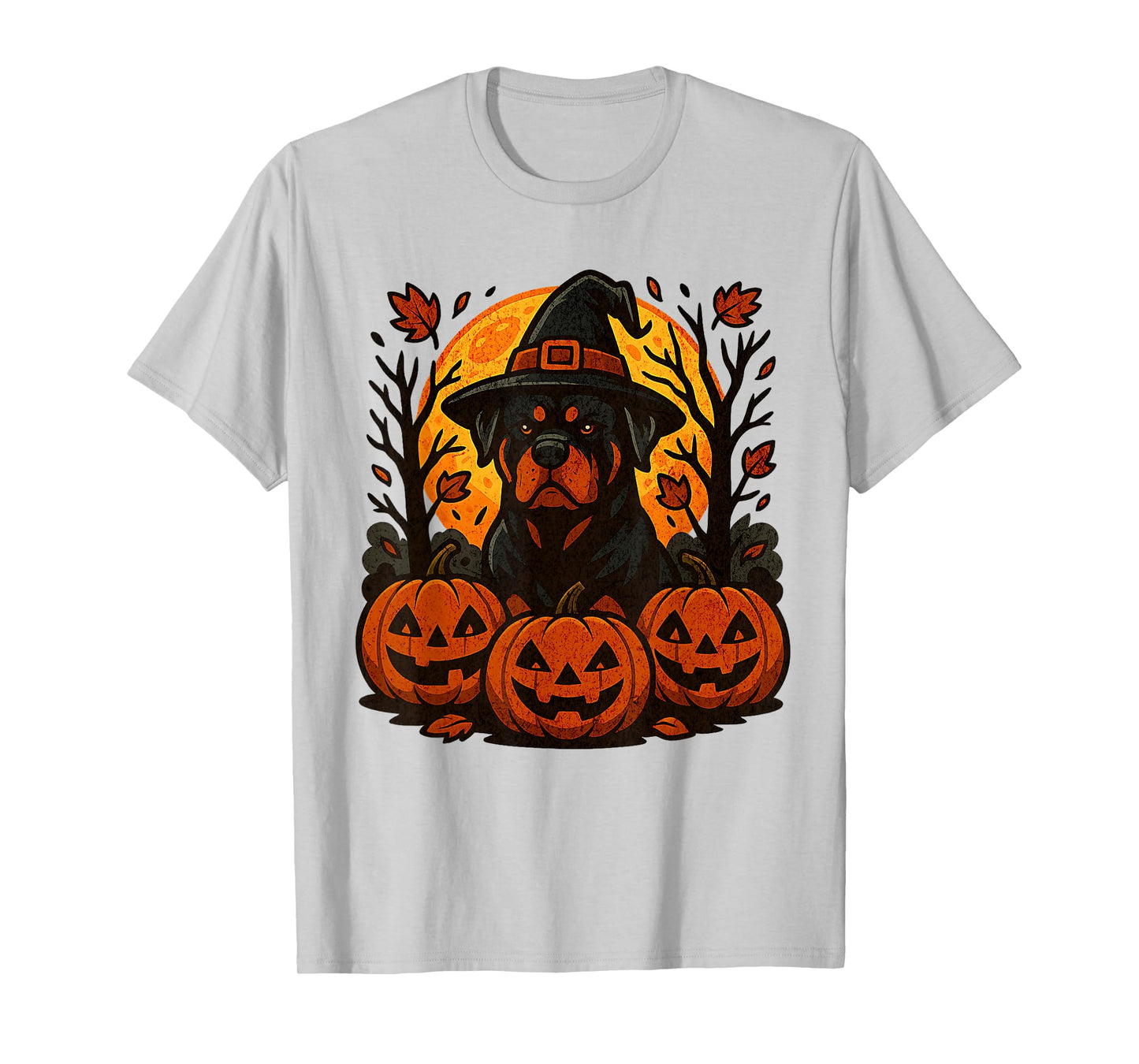 Halloween Spooky Rottweiler Witch Hat Pumpkins Autumn Leaves T-Shirt