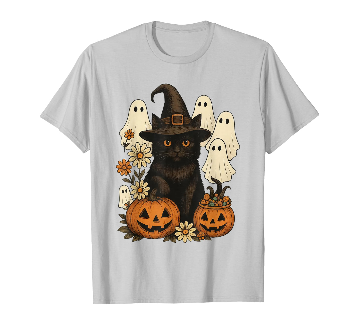 Retro Black Cat Witch Scary Halloween Pumpkin Women Men Kids T-Shirt