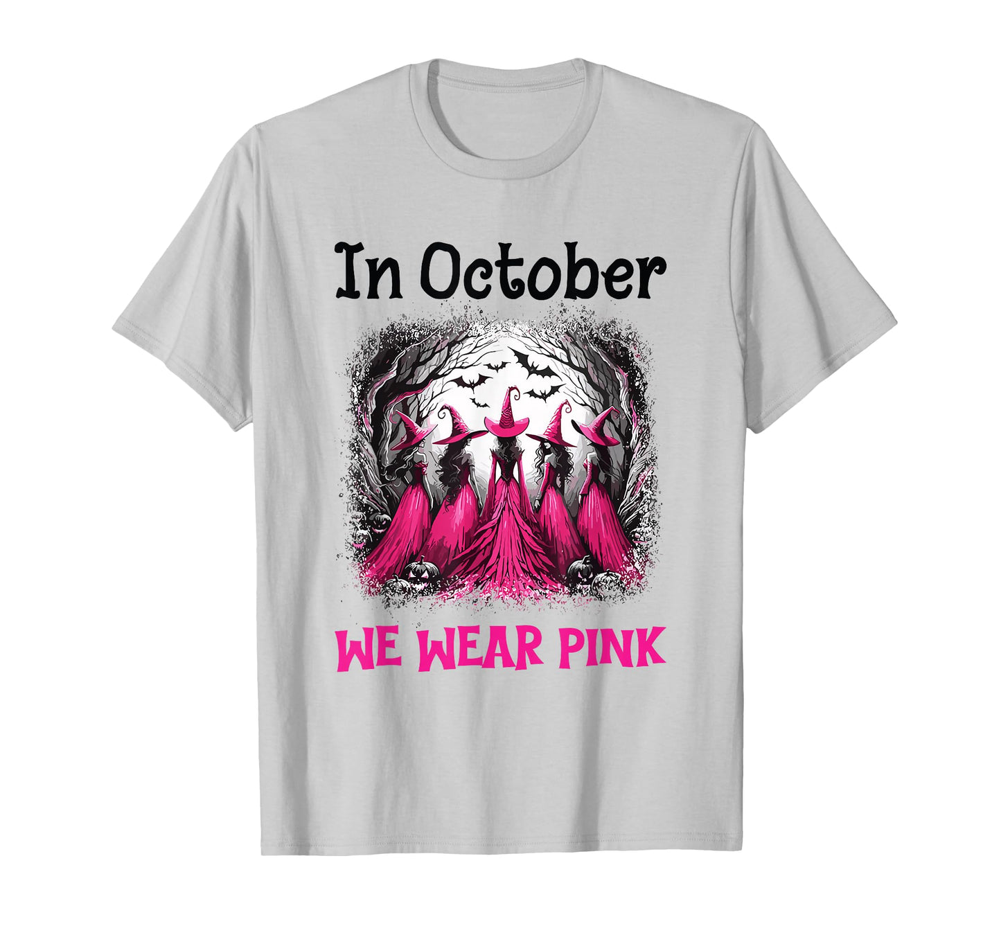 in October We Wear Pink Halloween Salem Witch Breast Cancer T-Shirt
