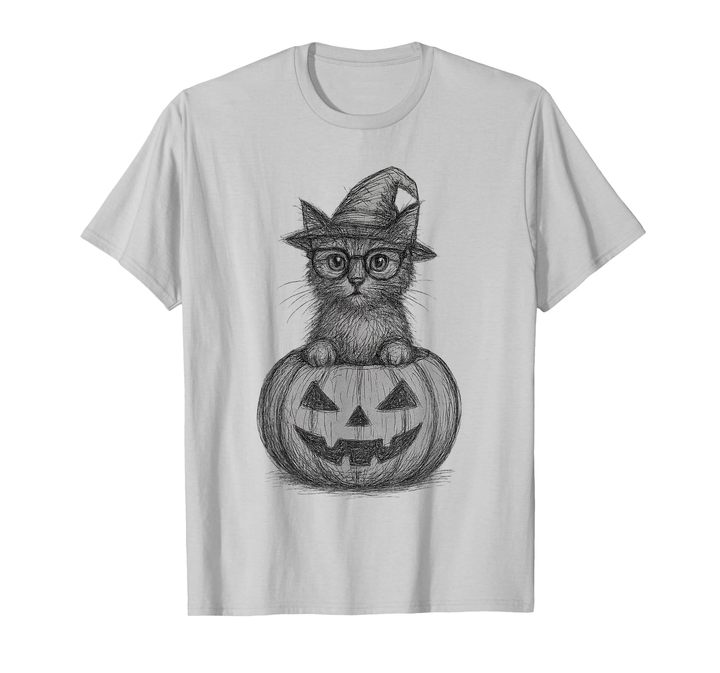 Abstract Scribble Halloween Cat in Pumpkin Witch Hat T-Shirt