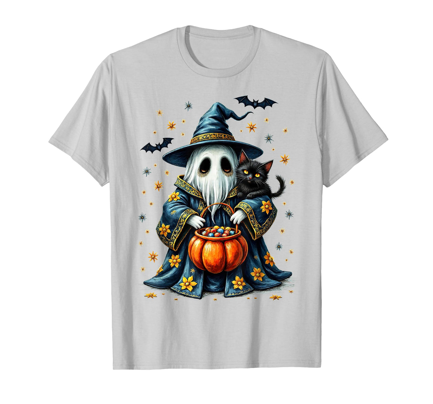 Ghost Holding Black Cat Lover Halloween 2025 Groovy Floral T-Shirt