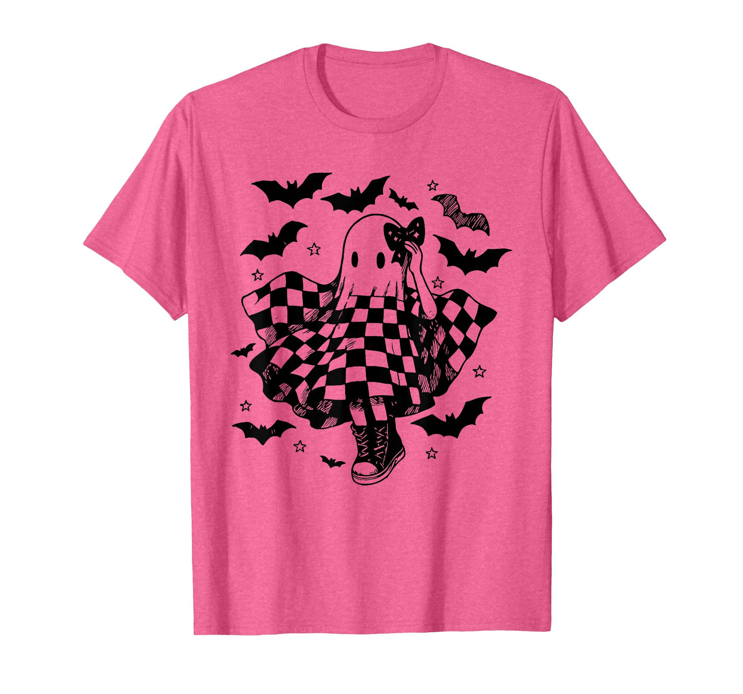 Retro Halloween Checkered Ghost Dance Coquette Bow Womens T-Shirt