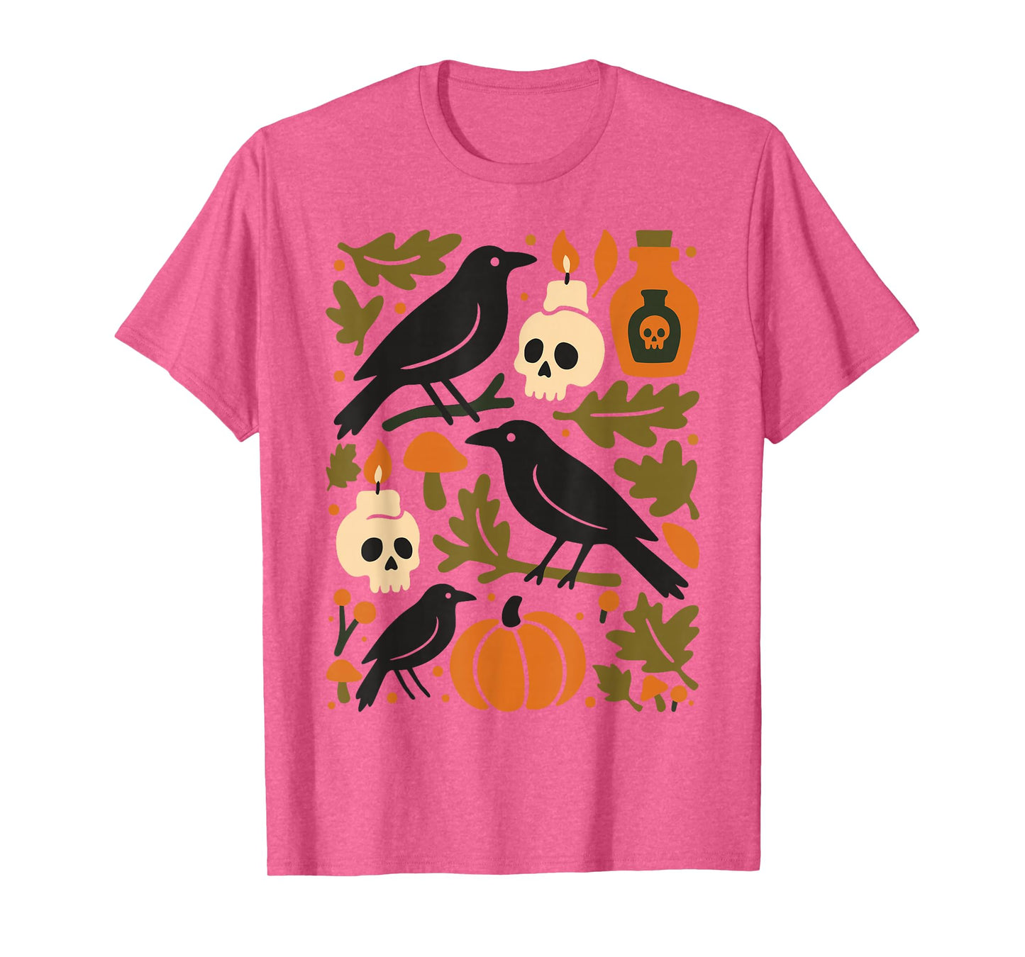 Halloween Ravens Skulls Pumpkin Autumn Leaves Spooky Season T-Shirt