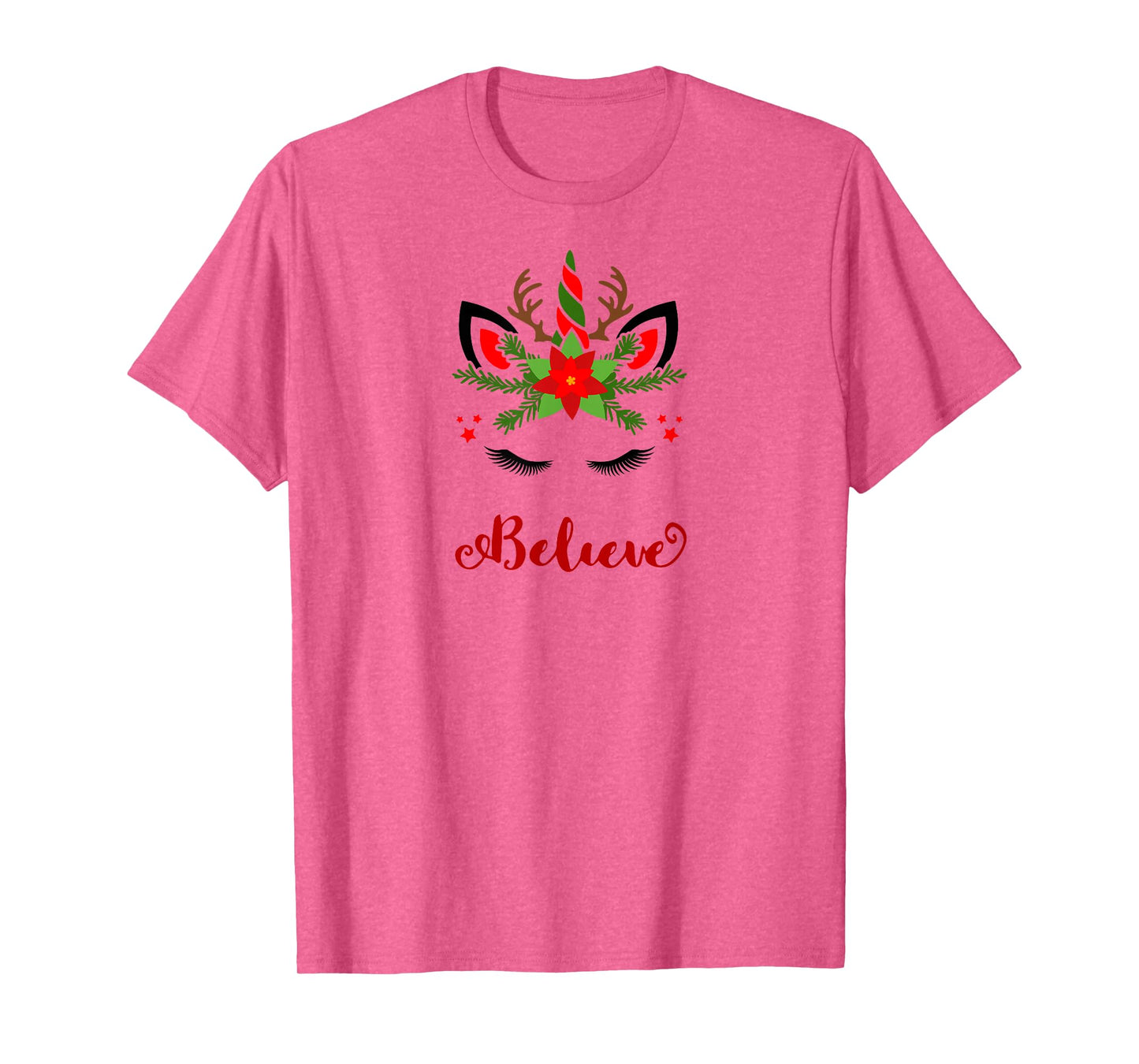 Believe Unicorn Reindeer Face Cute Christmas Santa Deer T-Shirt