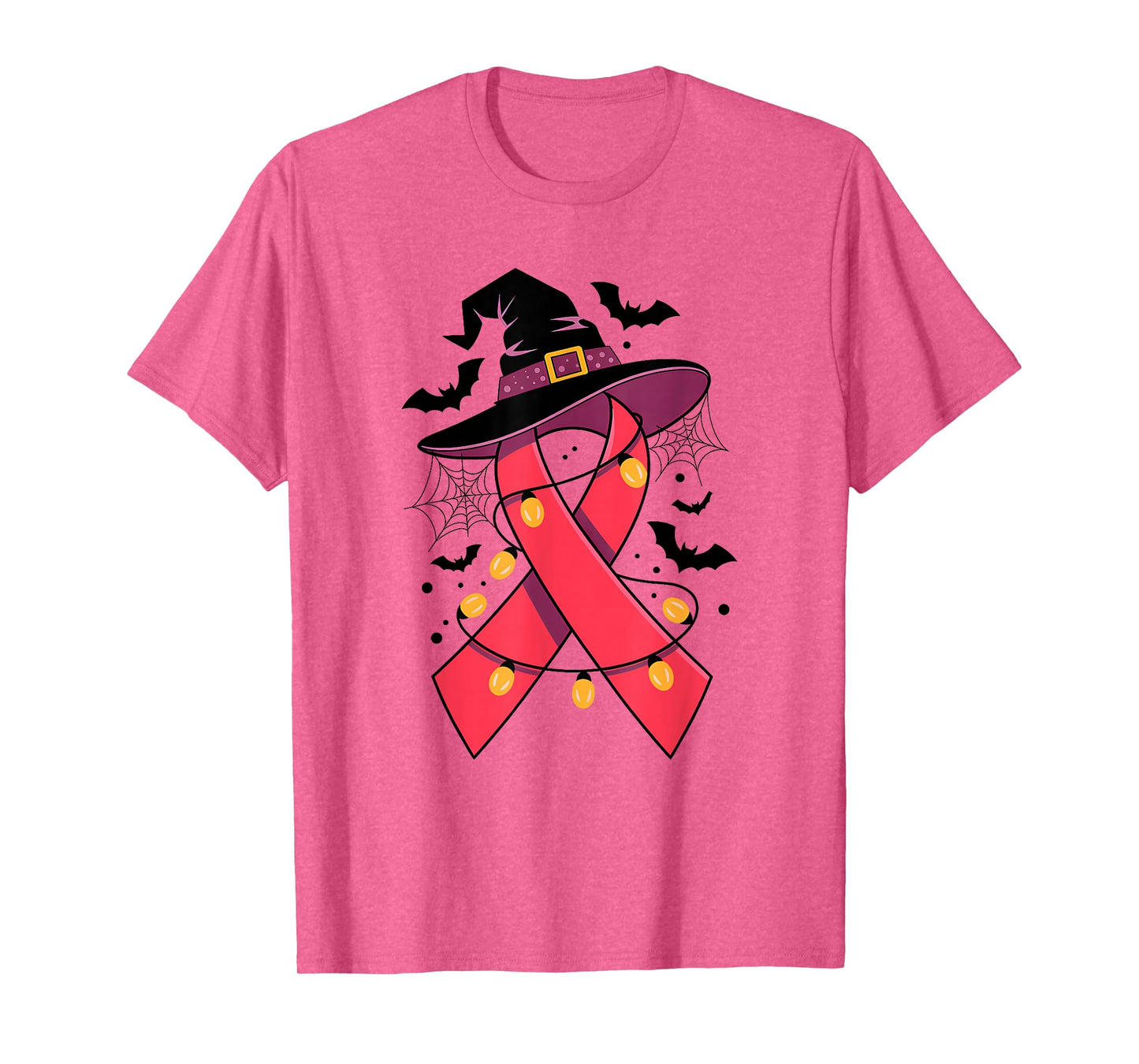 Pink Ribbon Witch Hat Halloween Breast Cancer Womens Girls T-Shirt