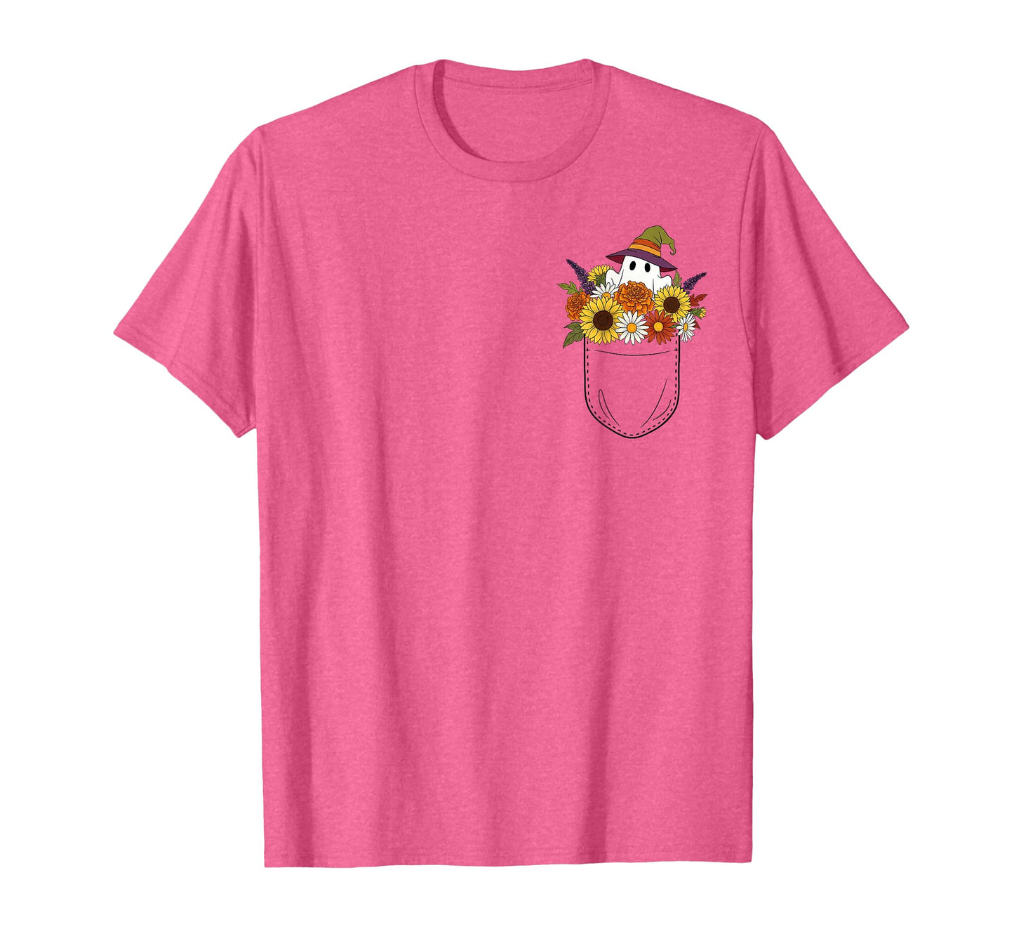 Cute Floral Pocket Ghost in Bouquet of Autumn Flowers T-Shirt