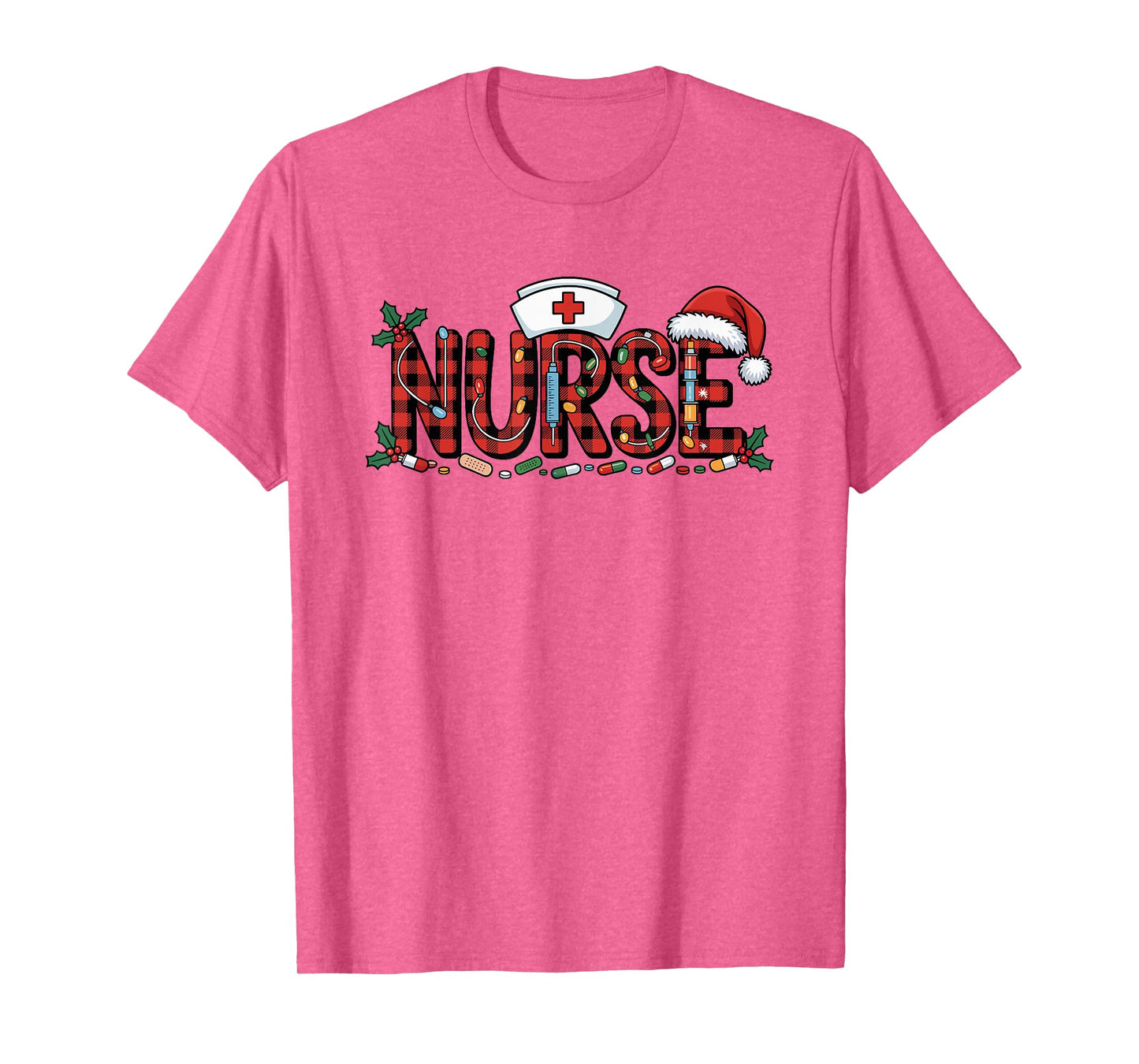 Christmas Nurse Buffalo Plaid Santa Hat Christmas Lights T-Shirt