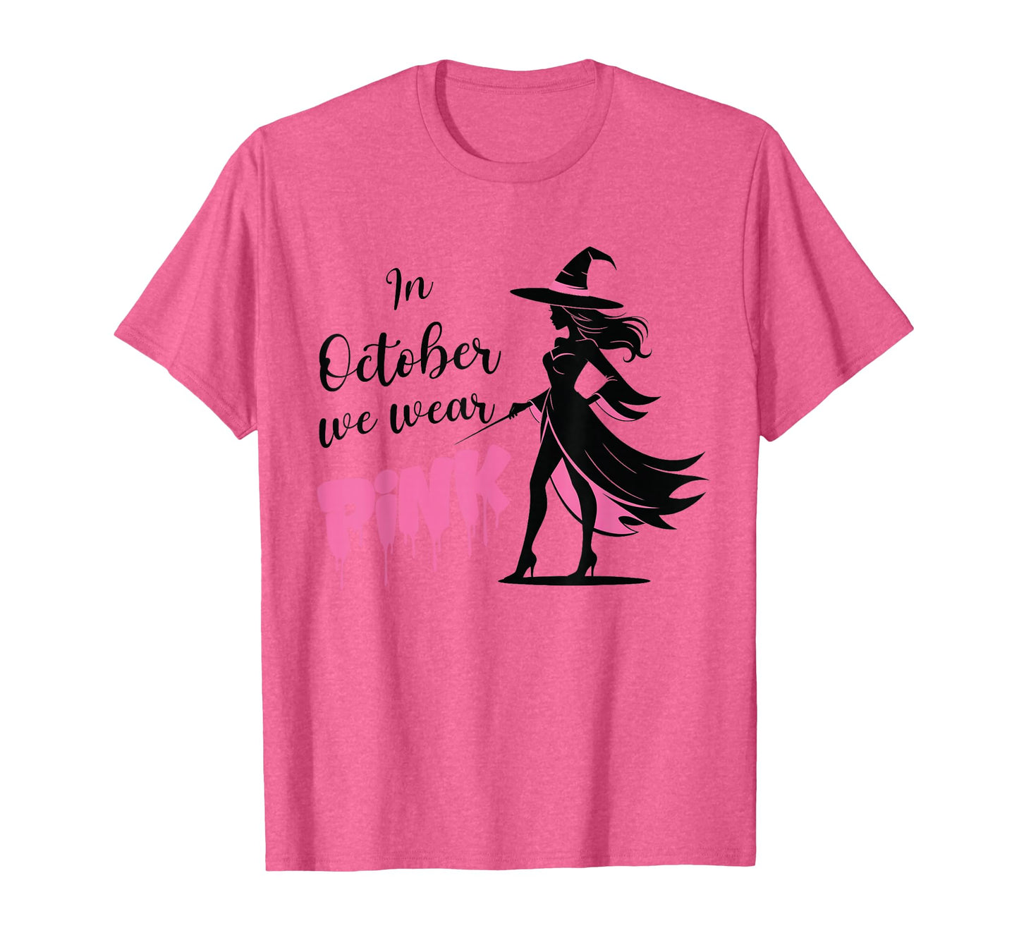 in October We Wear Pink Witch Halloween Breast Cancer Month T-Shirt