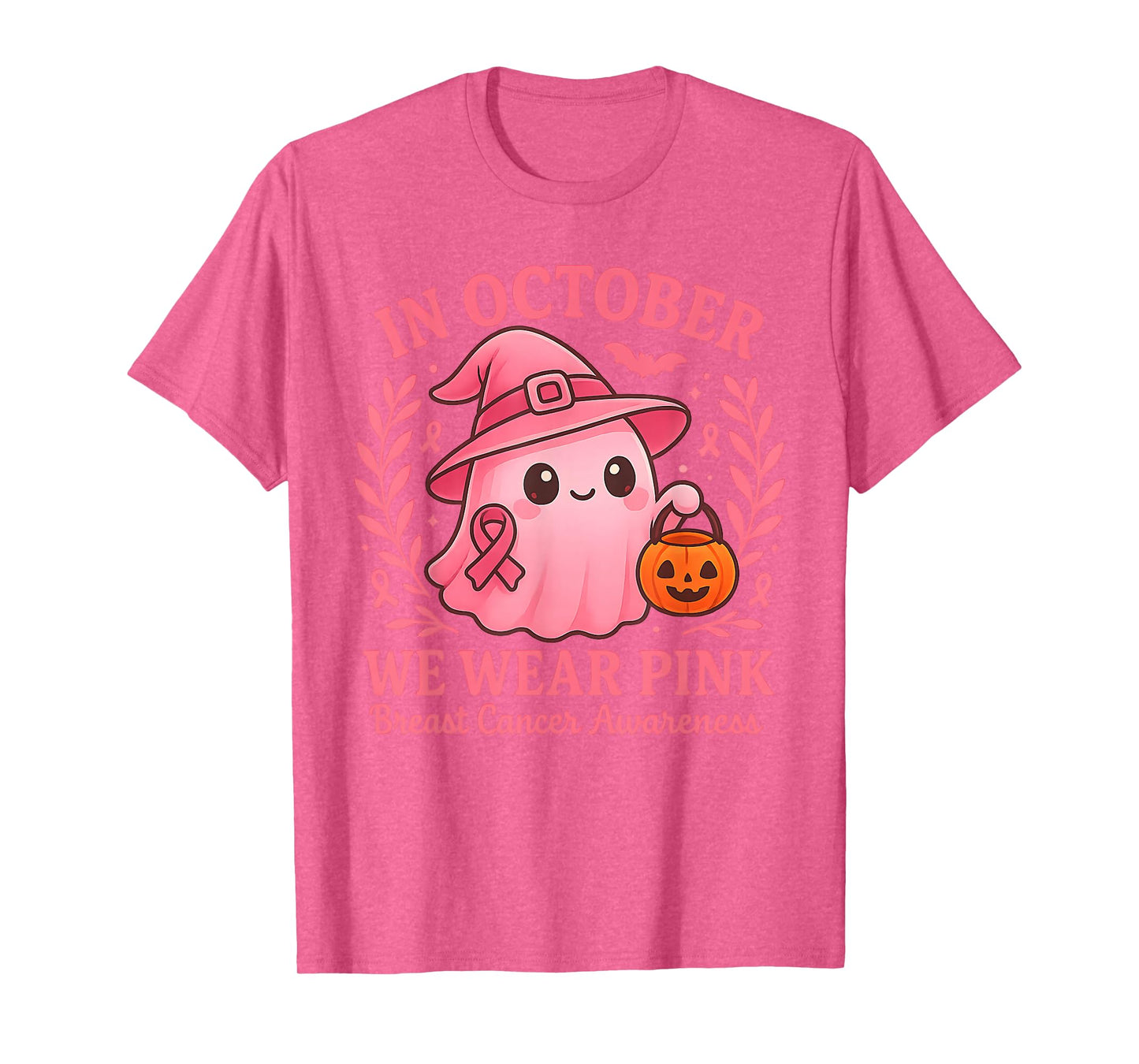 in October We Wear Pink Ghost Witch Breast Cancer Awareness T-Shirt