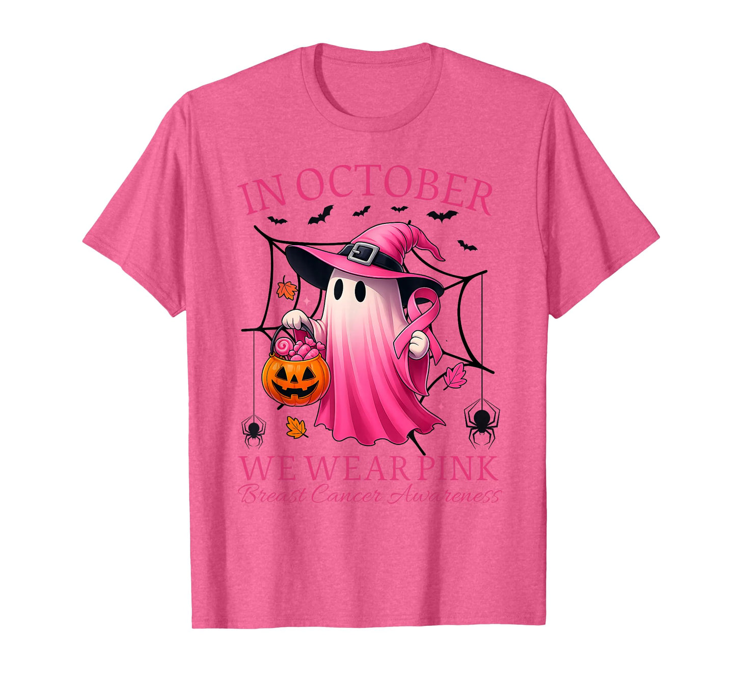 in October We Wear Pink Ghost Witch Breast Cancer Awareness T-Shirt