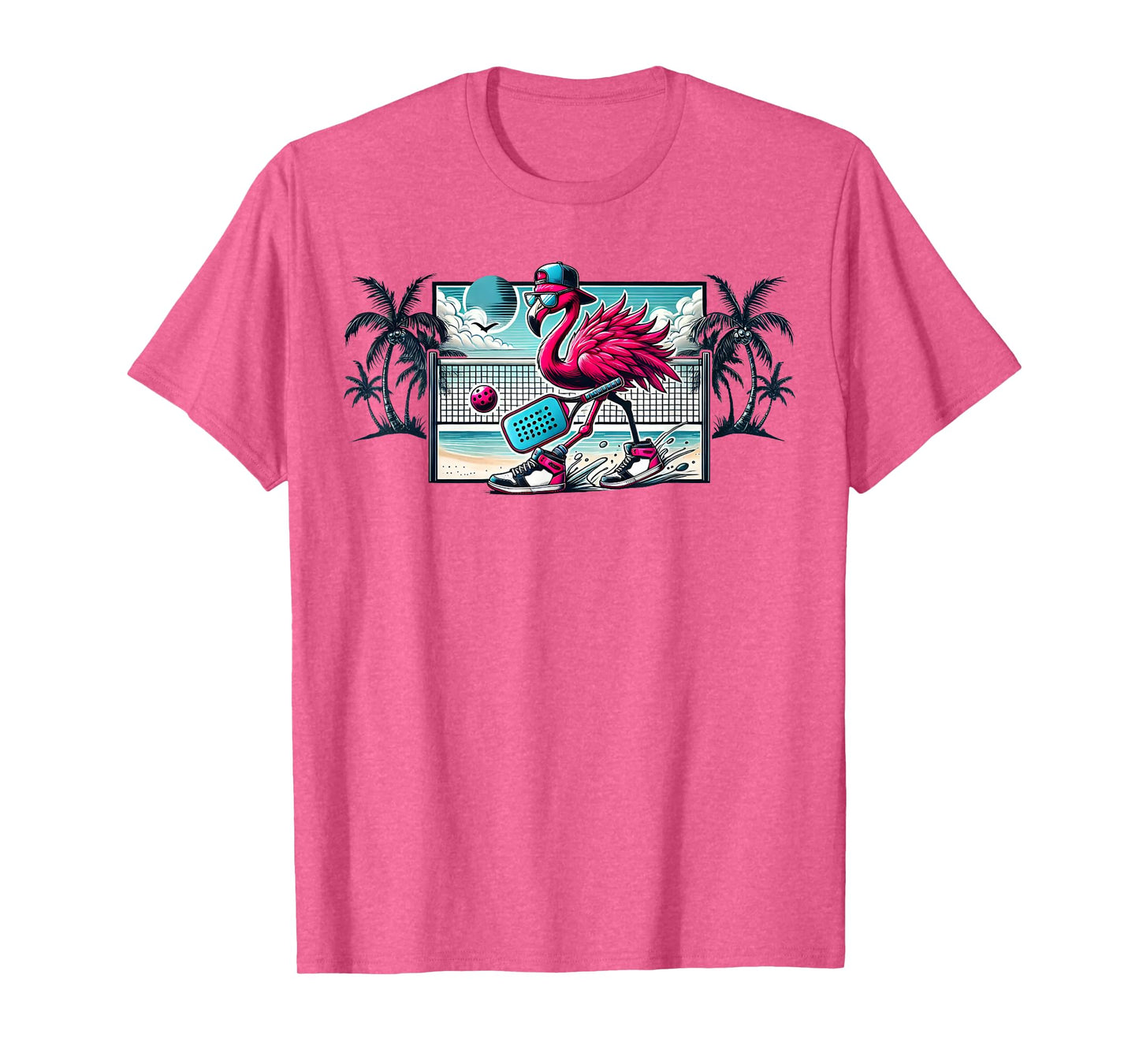 Flamingo Pickleball Beach Tropical Palm Trees Pickleball Fun T-Shirt