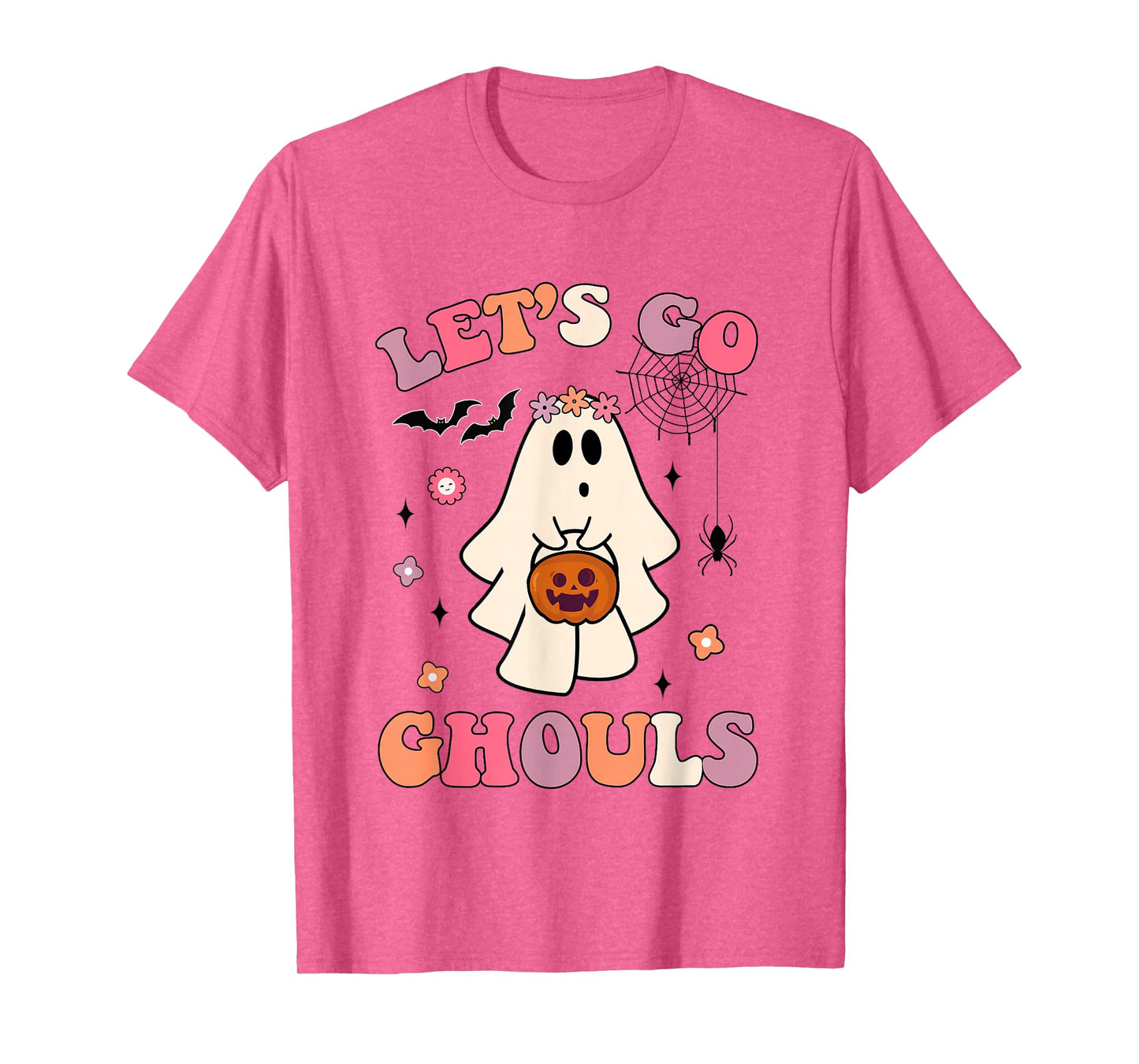 Halloween Ghost Holding Pumpkin Women Let's Go Ghouls Groovy T-Shirt