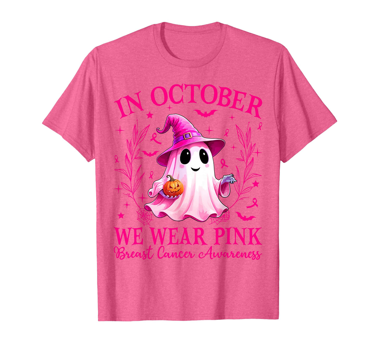 in October We Wear Pink Ghost Witch Breast Cancer Awareness T-Shirt