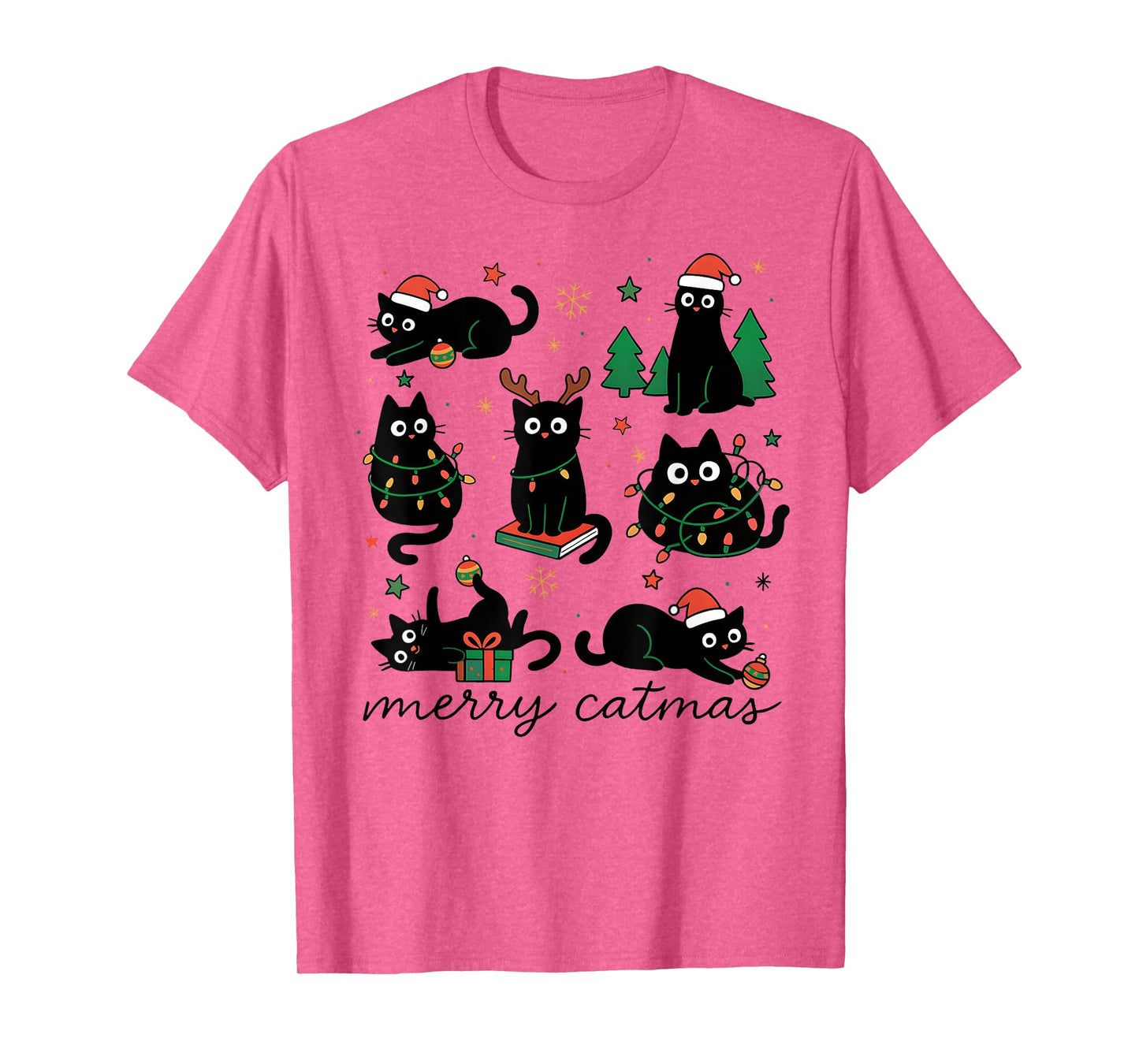 Cute Merry Catmas Cat Lover Christmas Light Pajama Santa Hat T-Shirt