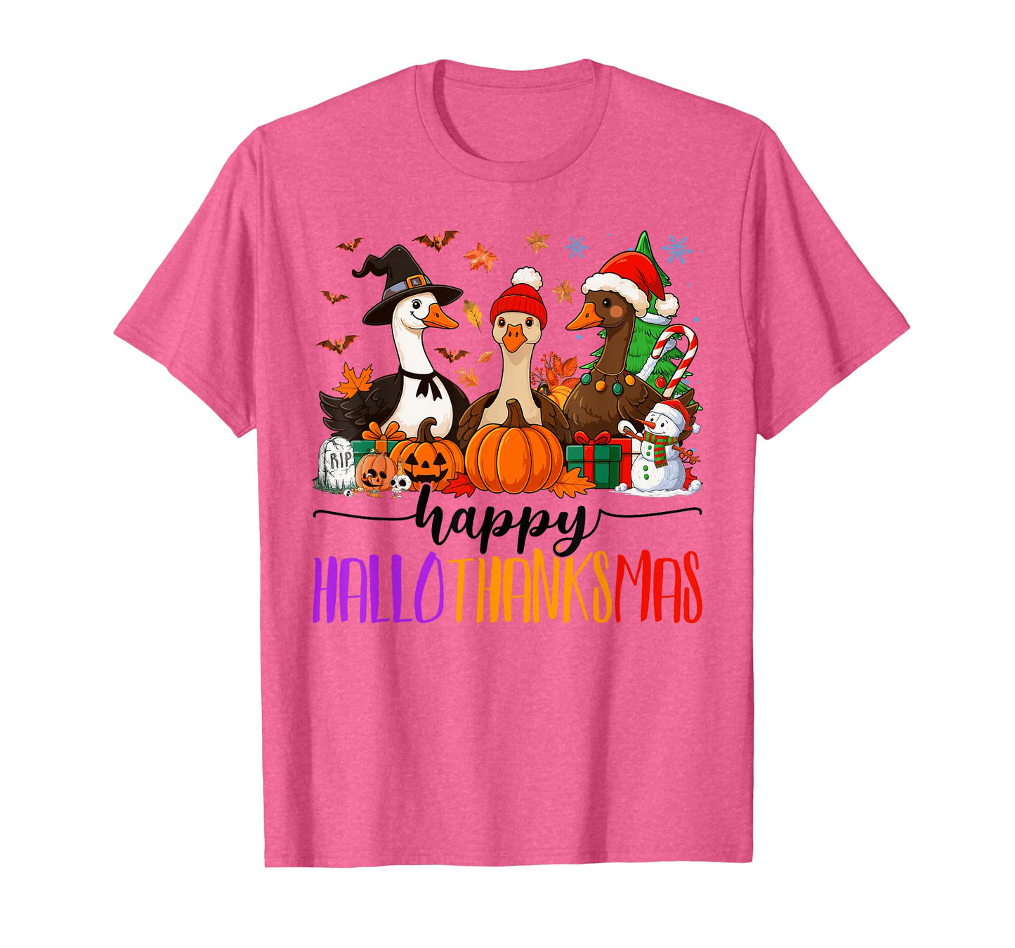 Happy Hallothanksmas Gooses Halloween Thanksgiving Christmas T-Shirt