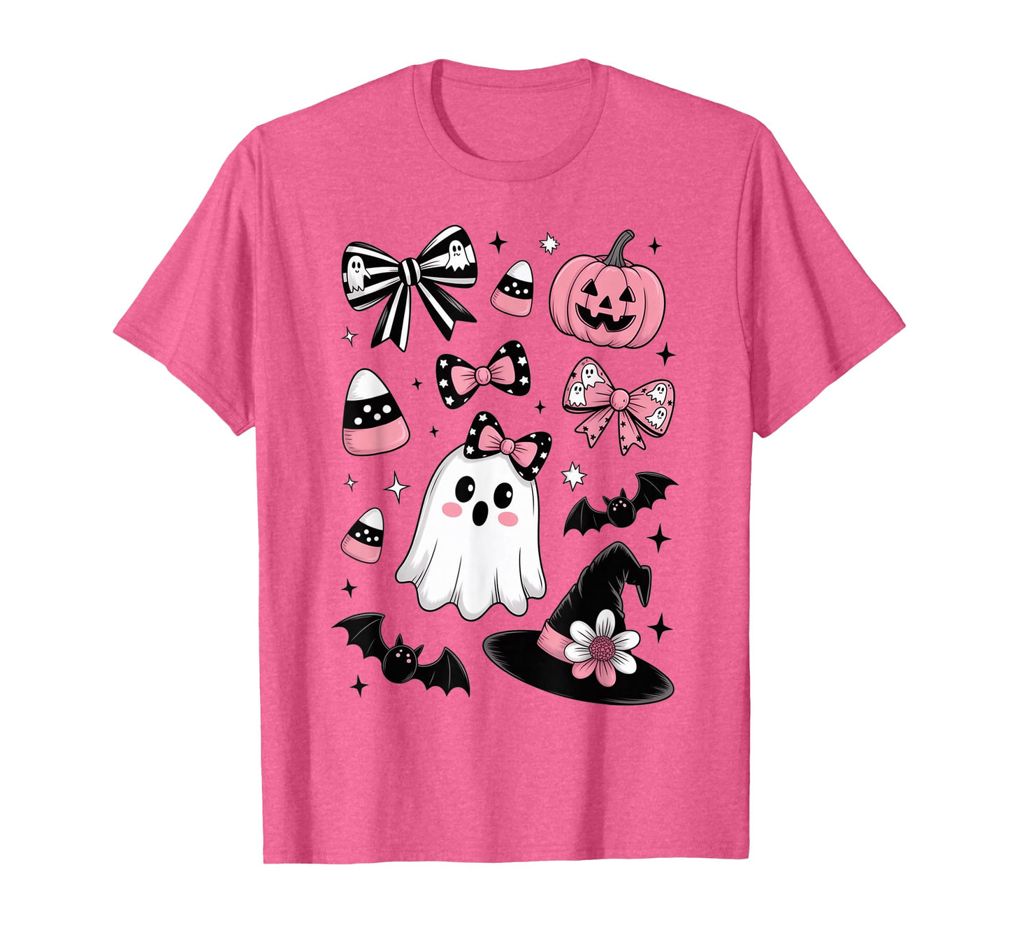 Pink Halloween Doodles Ghost Witch Bow Bats Candy Kids Girls T-Shirt