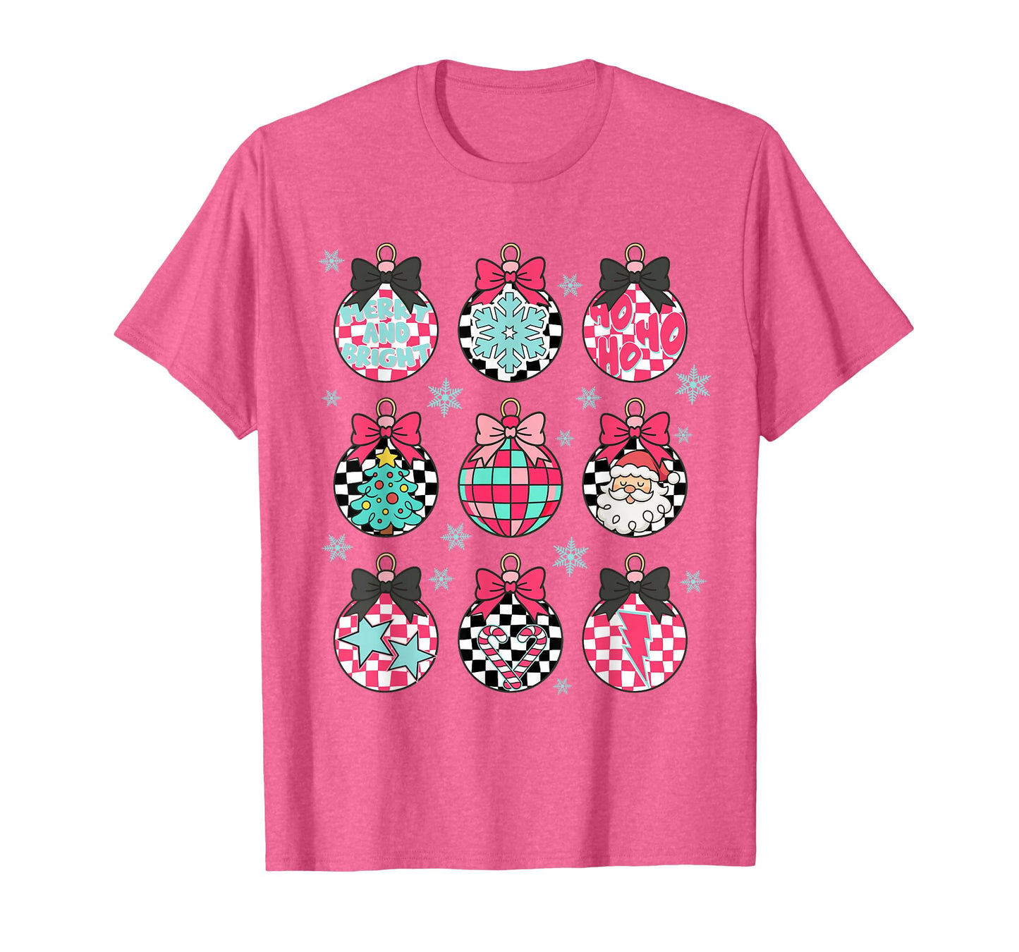 Christmas Balls Coquette Bow Merry Xmas Vibes Checkered T-Shirt
